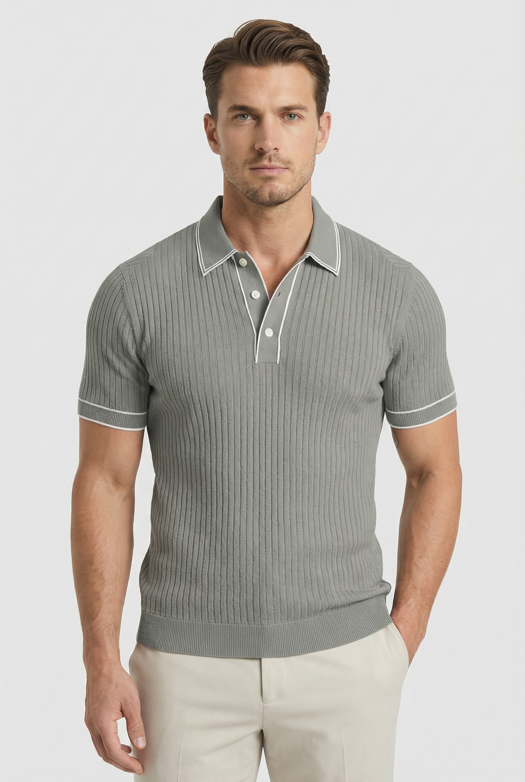 Camisa Polo Hombre Tejido de Canalé Entallado Cuello y Ribetes en Contraste 8