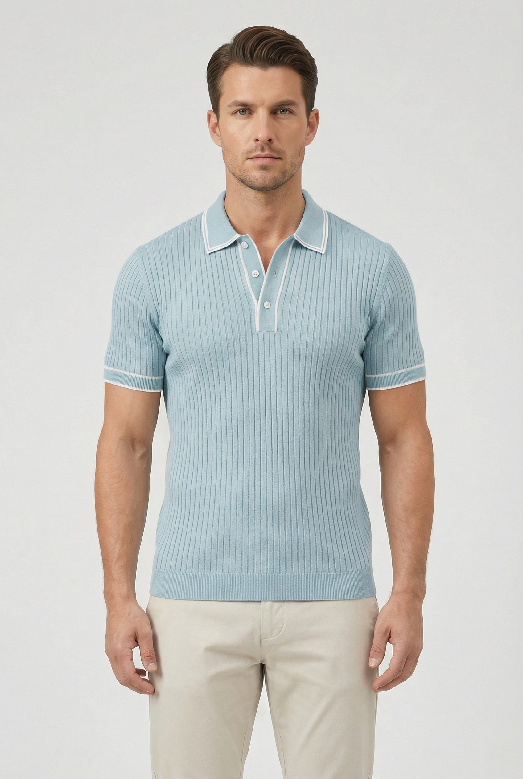 Camisa Polo Hombre Tejido de Canalé Entallado Cuello y Ribetes en Contraste 9