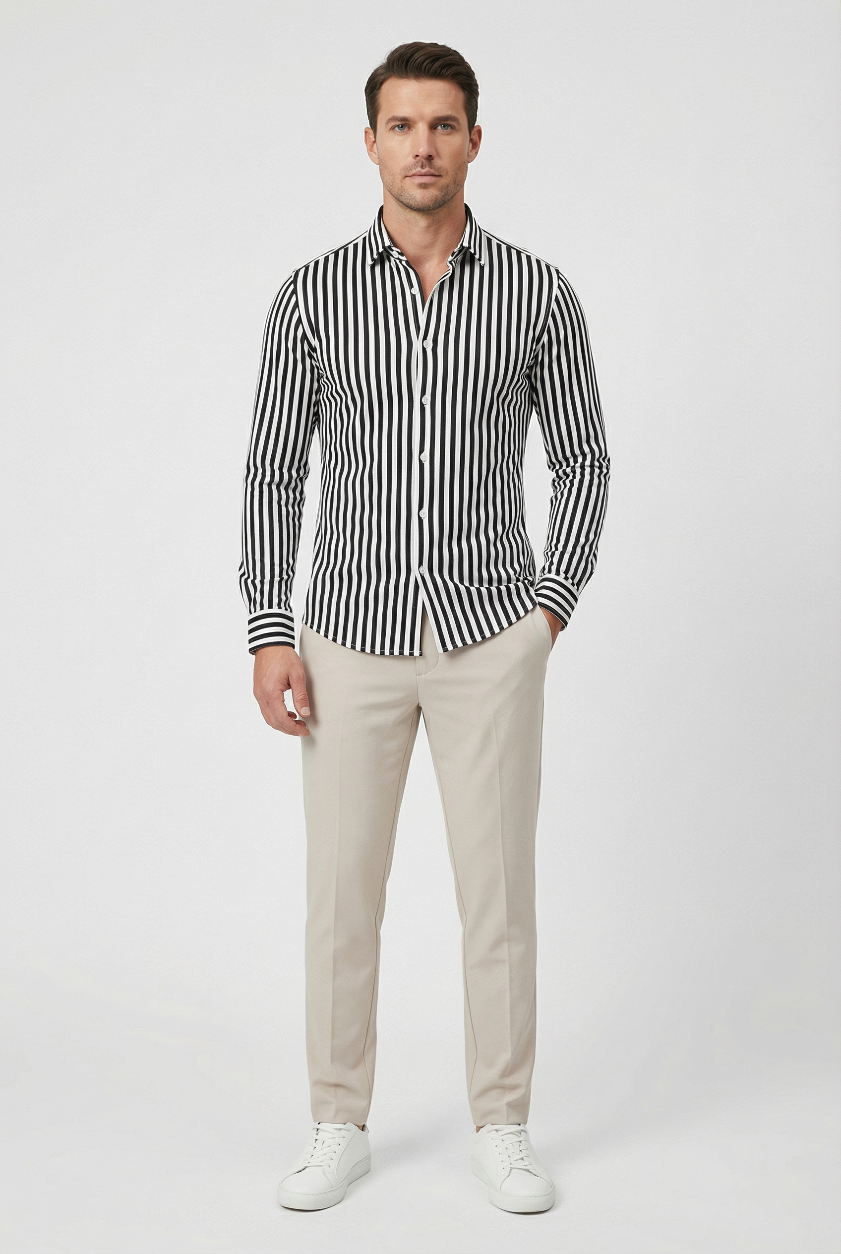 Camisa de Hombre Poliéster Rayas Verticales Manga Larga Slim Fit 5