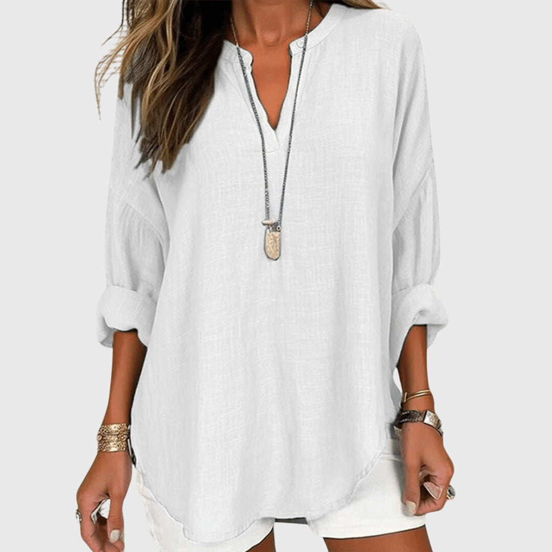 Camisa de Mujer Fluida de Tejido Ligero con Cuello Redondo y Ajuste Relajado 1