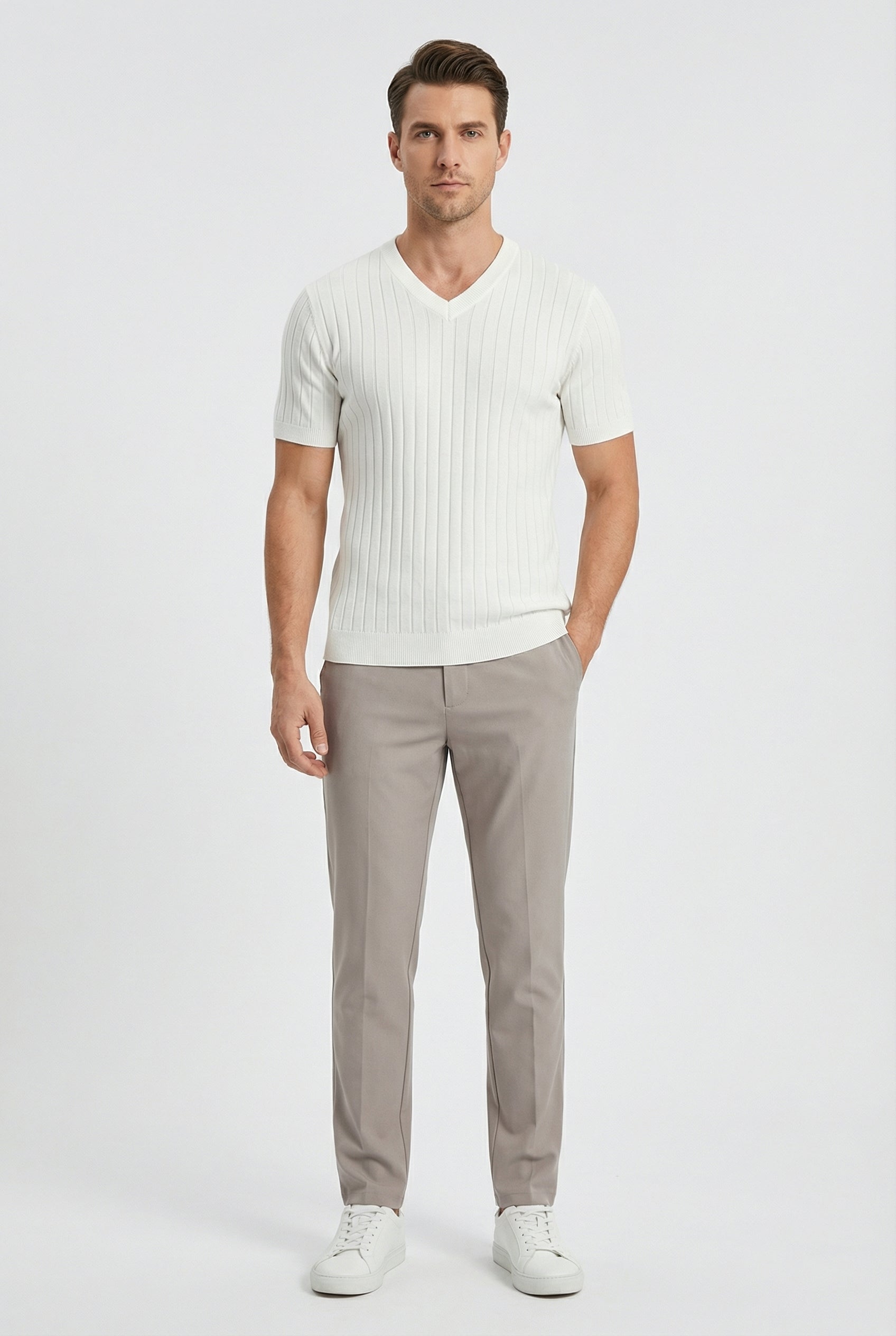 Camiseta Hombre Punto Acanalado Cuello en V Manga Corta Casual 1