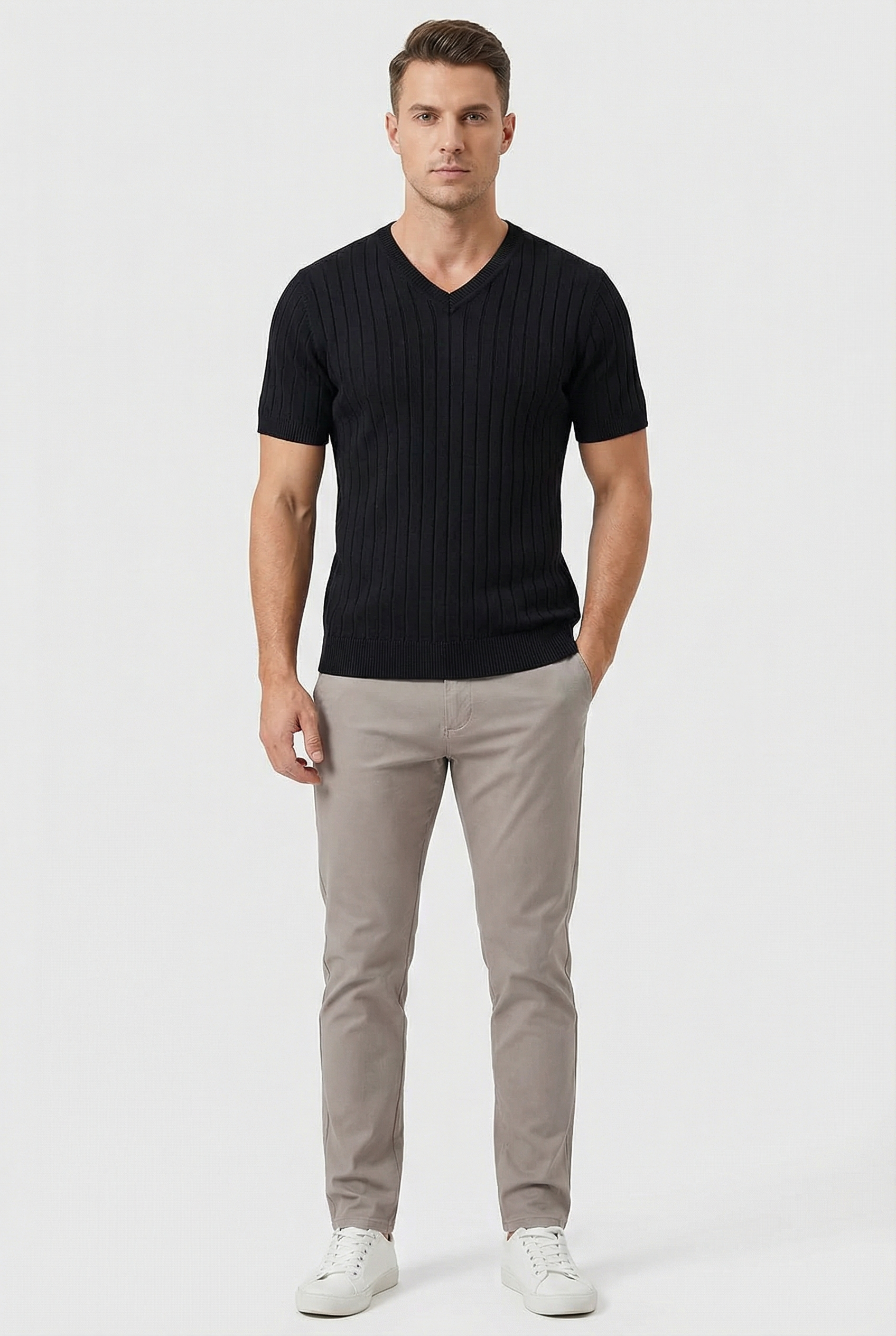Camiseta Hombre Punto Acanalado Cuello en V Manga Corta Casual 5