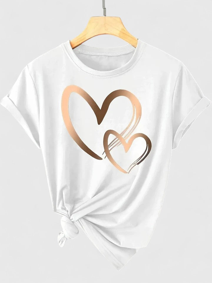 Camiseta Mujer Algodón Manga Corta Estampado Corazones Casual Ajuste Relajado 10