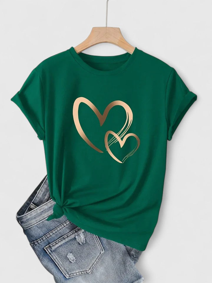 Camiseta Mujer Algodón Manga Corta Estampado Corazones Casual Ajuste Relajado 7