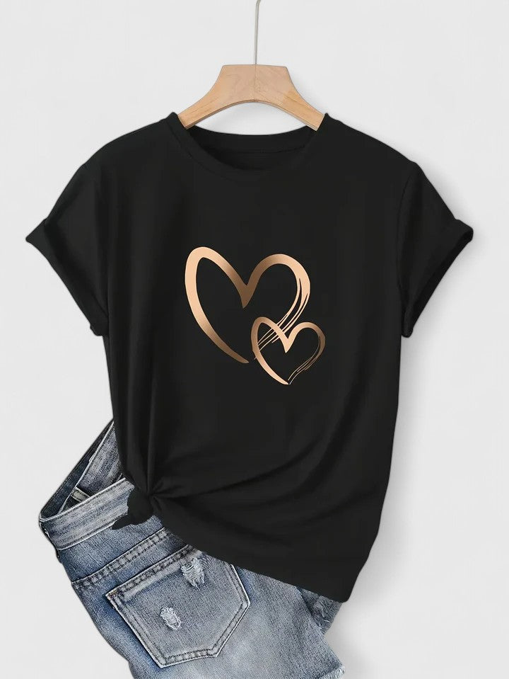 Camiseta Mujer Algodón Manga Corta Estampado Corazones Casual Ajuste Relajado 9