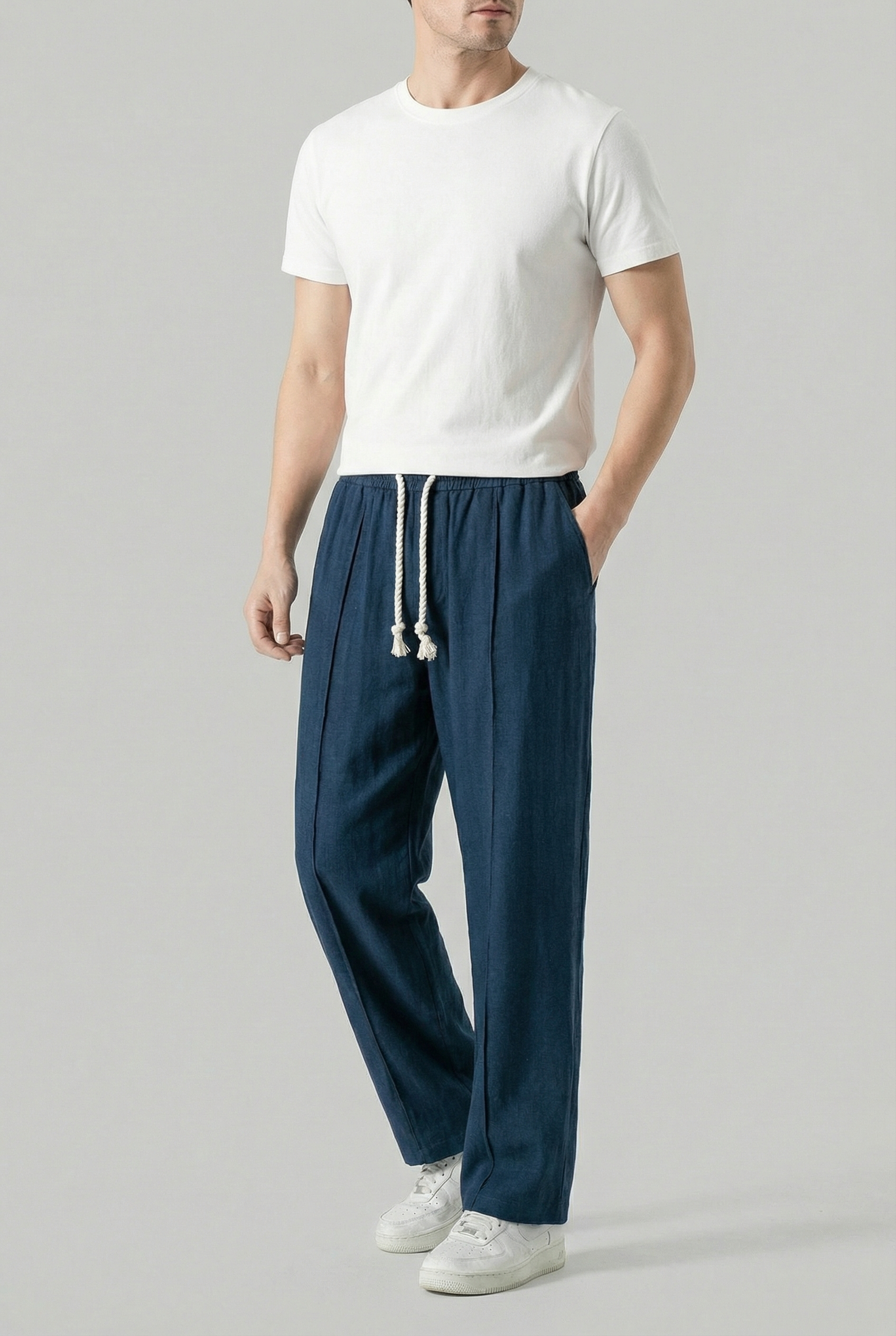 Hombre Pantalones Deportivos Lino Alta Calidad Ajuste Regular Cintura Elástica 1
