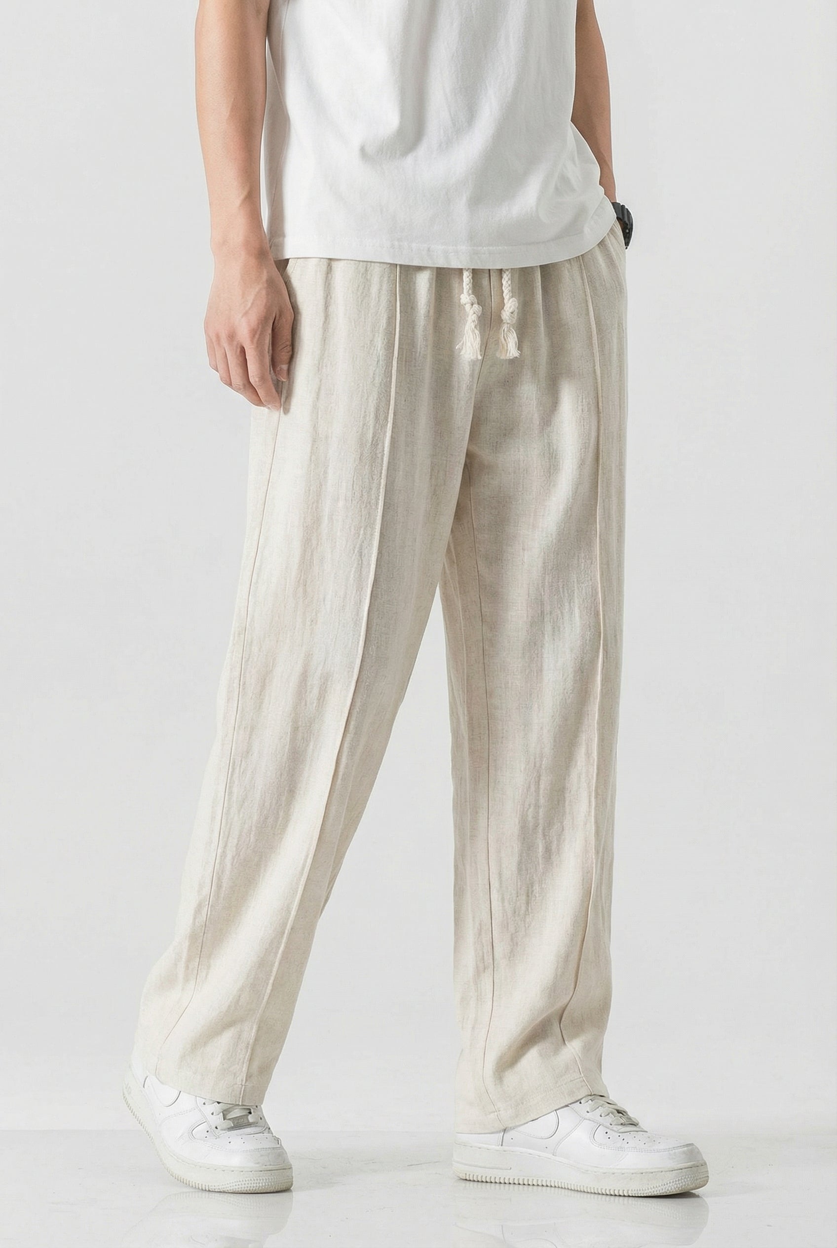 Hombre Pantalones Deportivos Lino Alta Calidad Ajuste Regular Cintura Elástica 4
