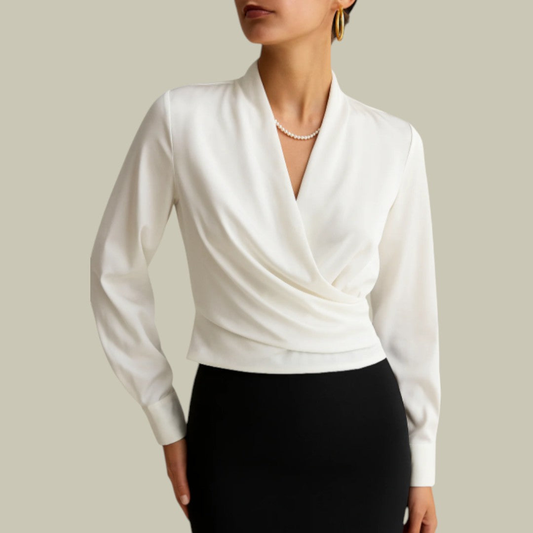 Mujer Blusa Cruzada Satén Manga Larga Diseño Elegante 0