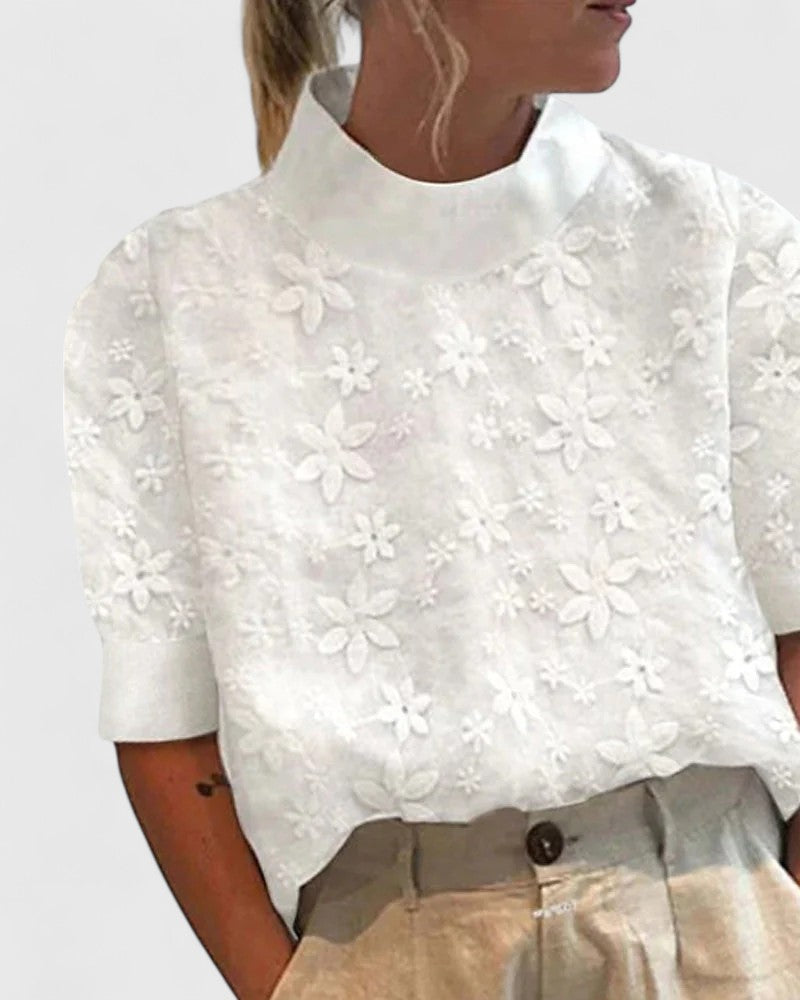 Mujer Blusa Elegante Tejido Suave Cuello Alto Bordado Floral 0