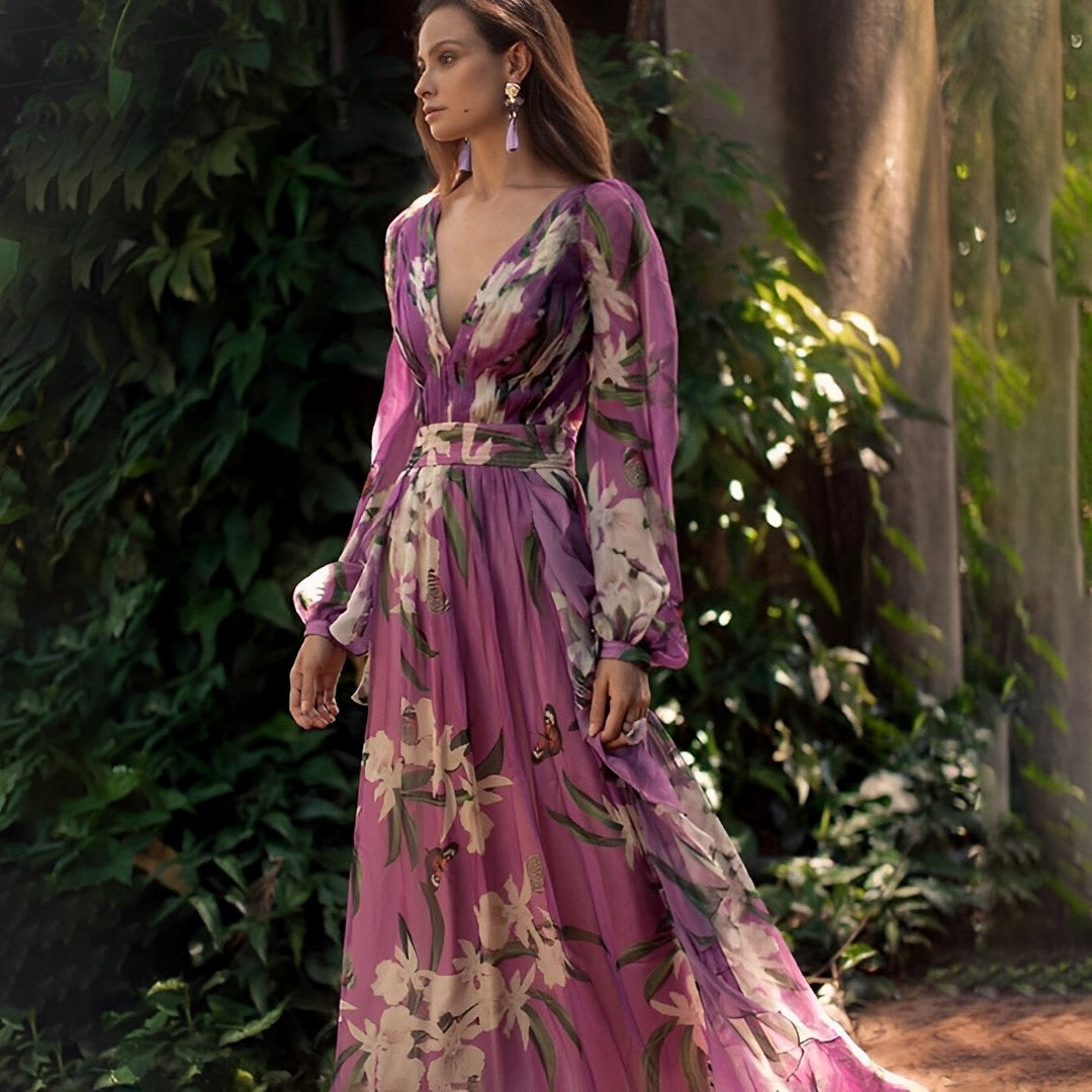 Mujer Maxi Vestido Floral Tejido Ligero Con Escote En V Y Mangas Largas 0