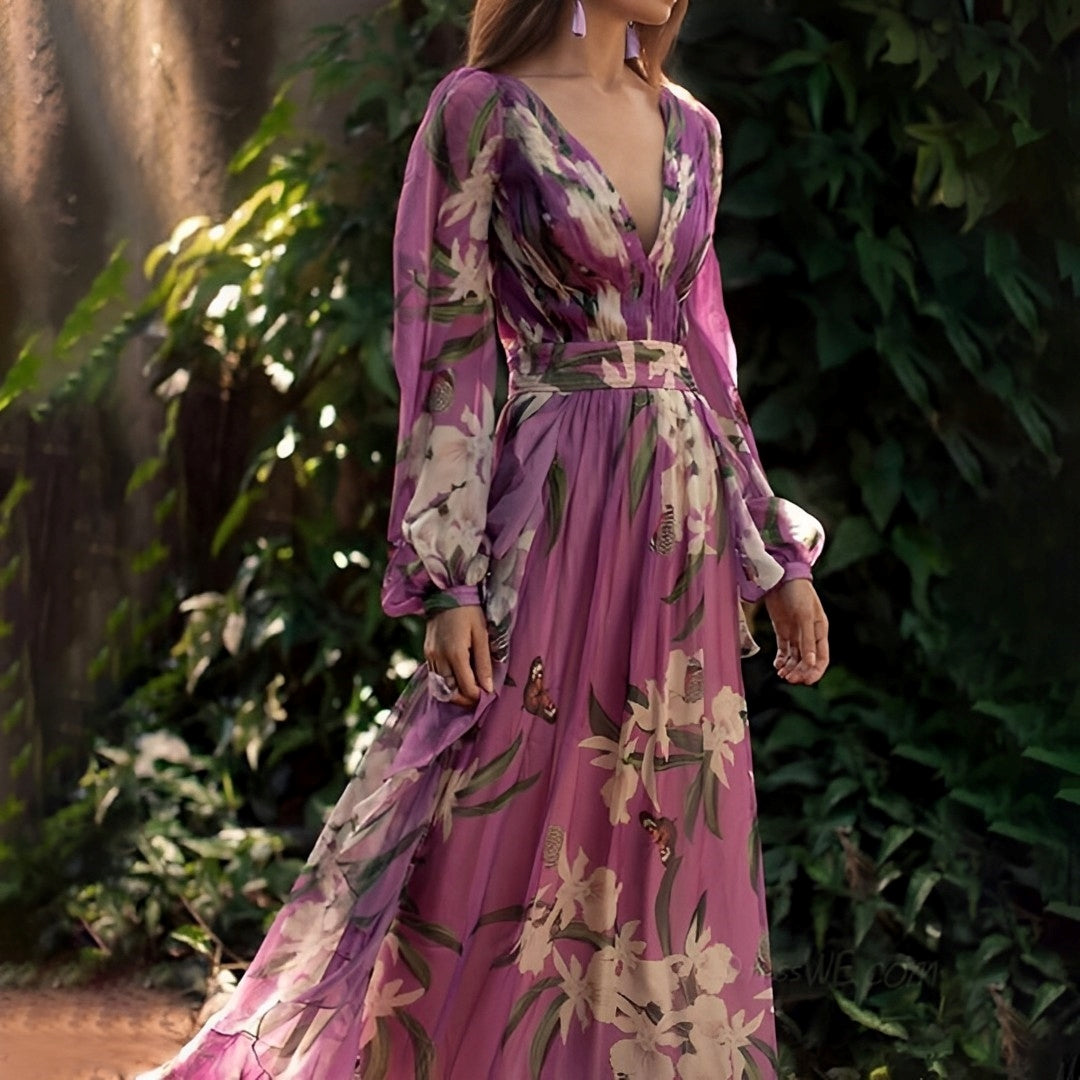 Mujer Maxi Vestido Floral Tejido Ligero Con Escote En V Y Mangas Largas 1