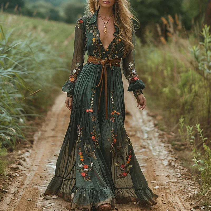 Mujer Maxi Vestido Ligero con Escote en V y Cintura Ceñida, Estilo Bohemio 0