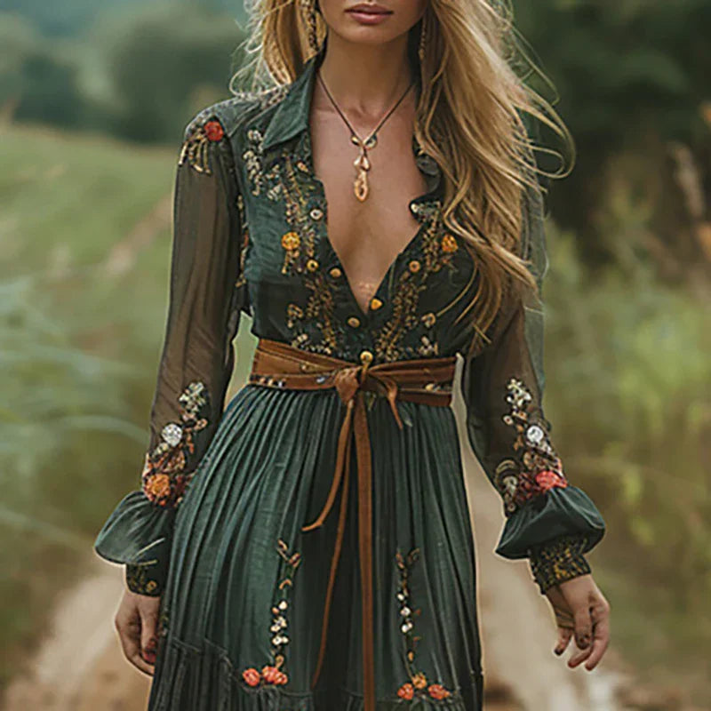 Mujer Maxi Vestido Ligero con Escote en V y Cintura Ceñida, Estilo Bohemio 1