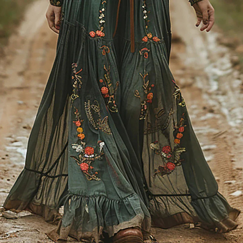 Mujer Maxi Vestido Ligero con Escote en V y Cintura Ceñida, Estilo Bohemio 2
