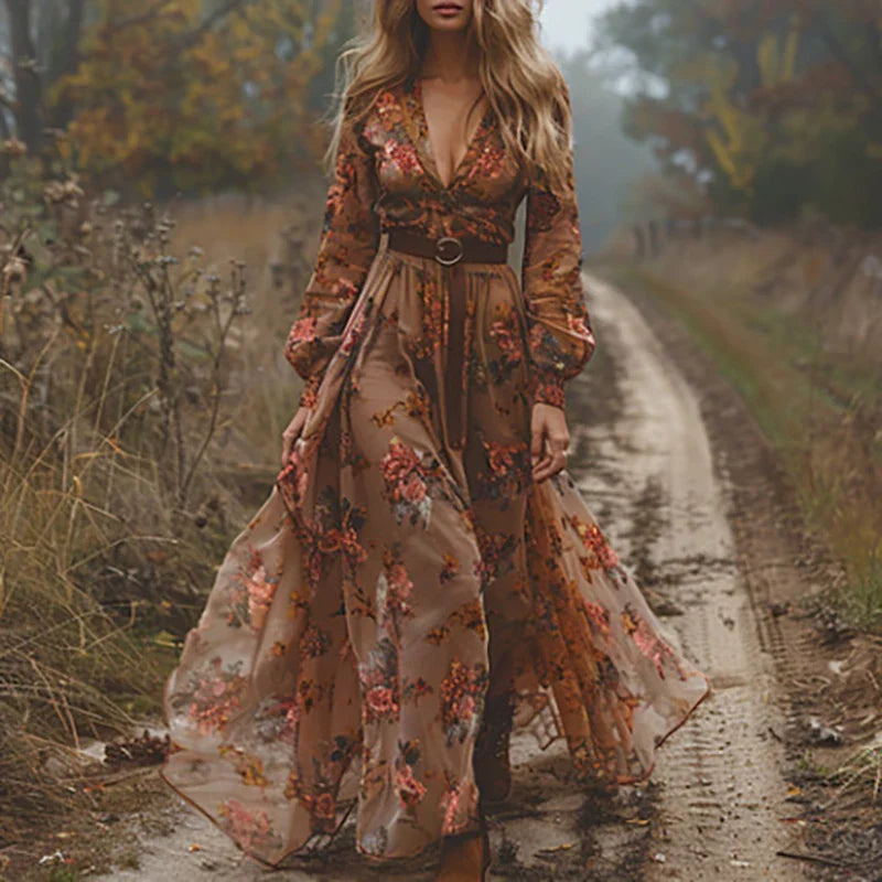 Mujer Maxi Vestido Ligero con Escote en V y Cintura Ceñida, Estilo Bohemio 3