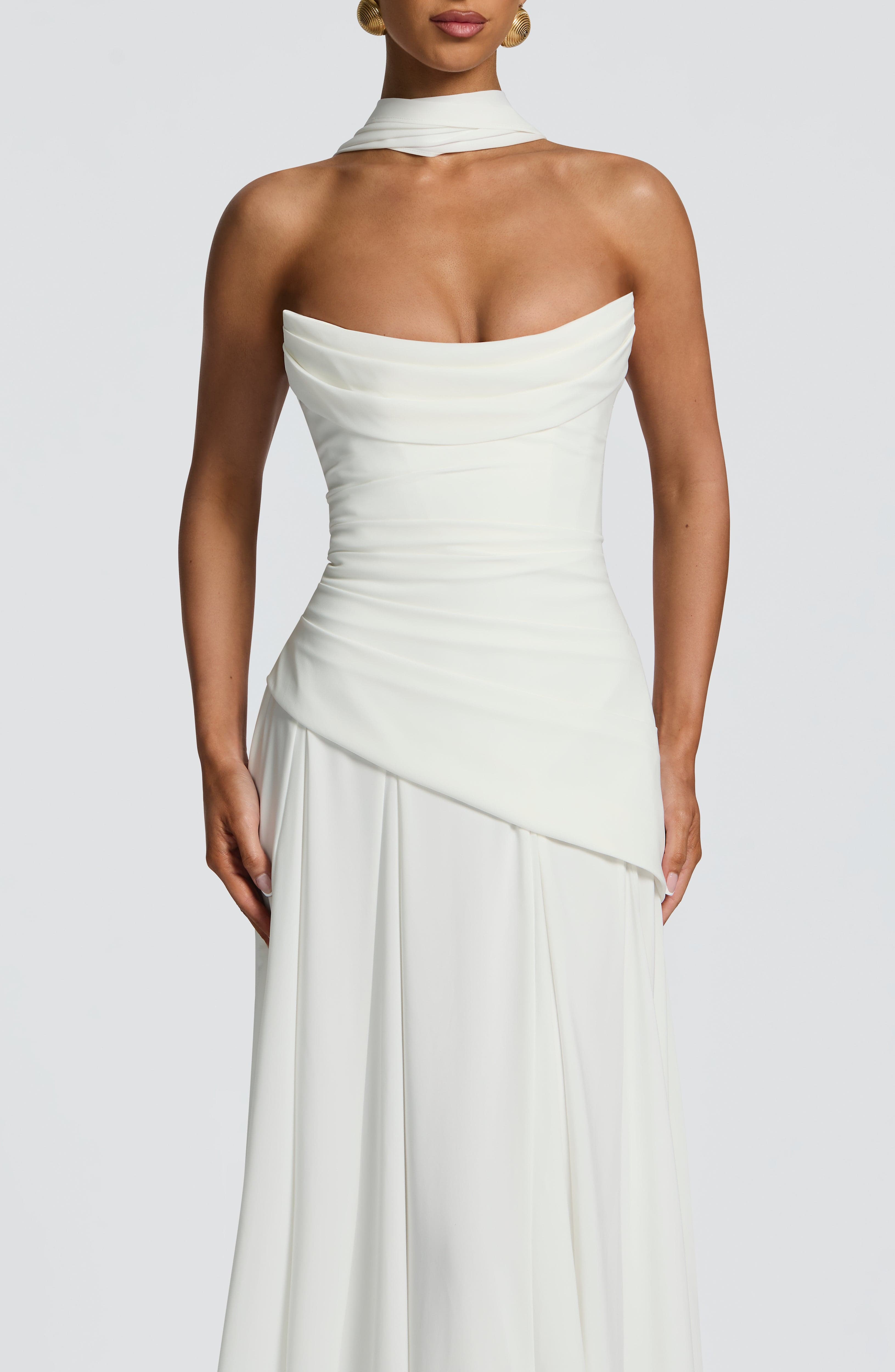Mujer Maxi Vestido Sin Tirantes de Satén con Escote Palabra de Honor para Eventos Formales 6