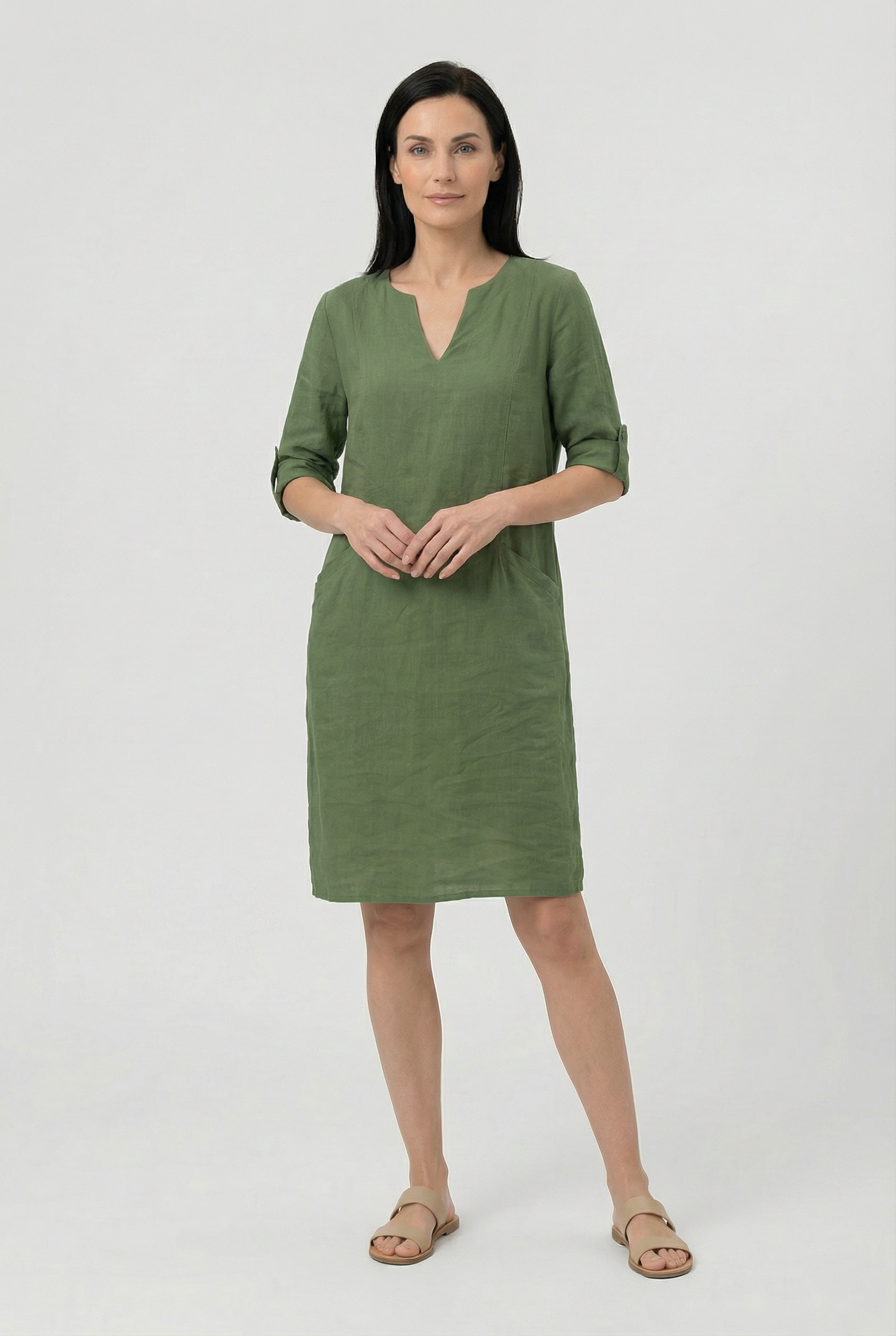 Mujer Minivestido Algodón Lino Cuello en V Manga Tres Cuartos Casual 11