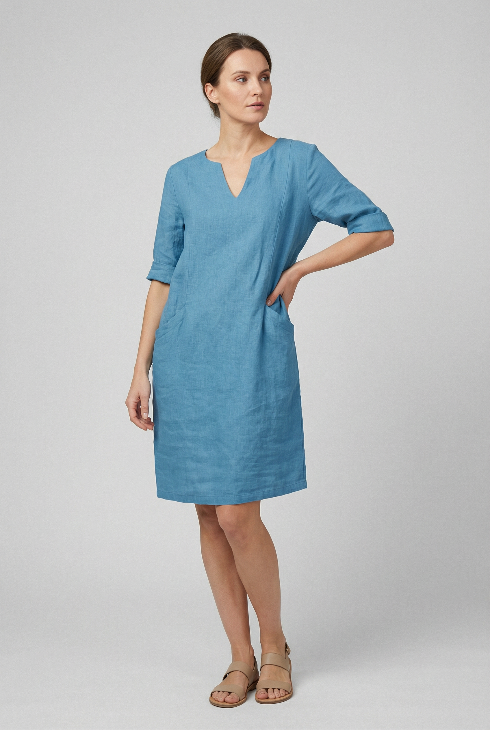 Mujer Minivestido Algodón Lino Cuello en V Manga Tres Cuartos Casual 5
