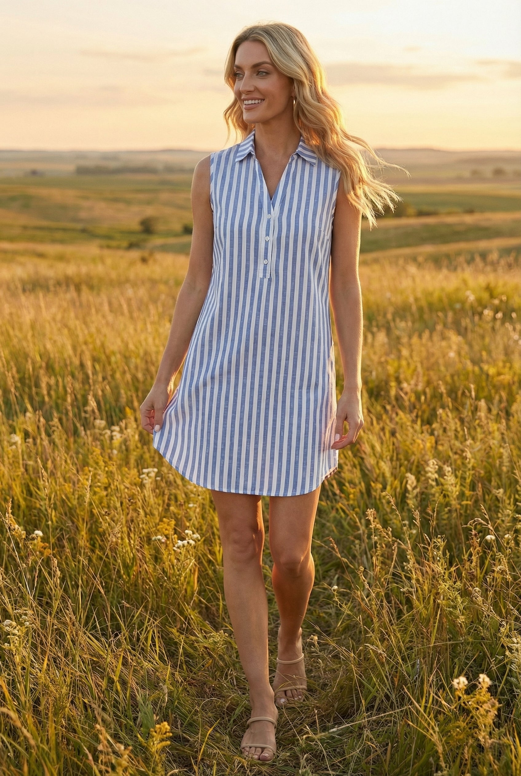 Mujer Vestido Camisero Algodón Mezcla Sin Mangas Rayas Verticales 3