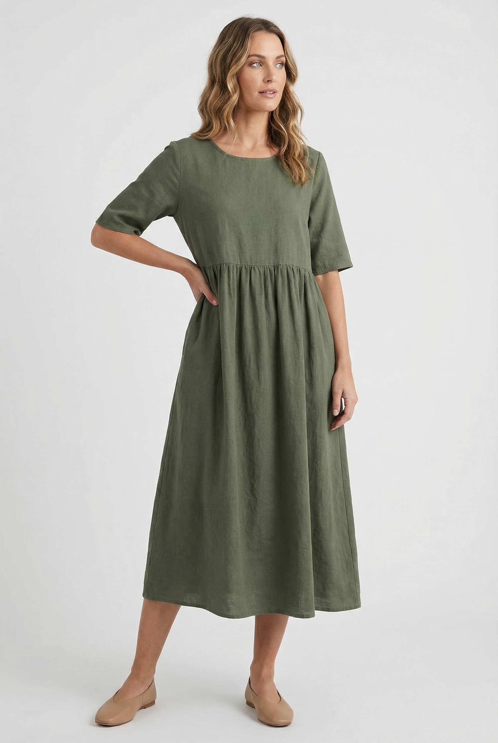 Mujer Vestido Casual Algodón Lino con Bolsillos y Manga Corta 1