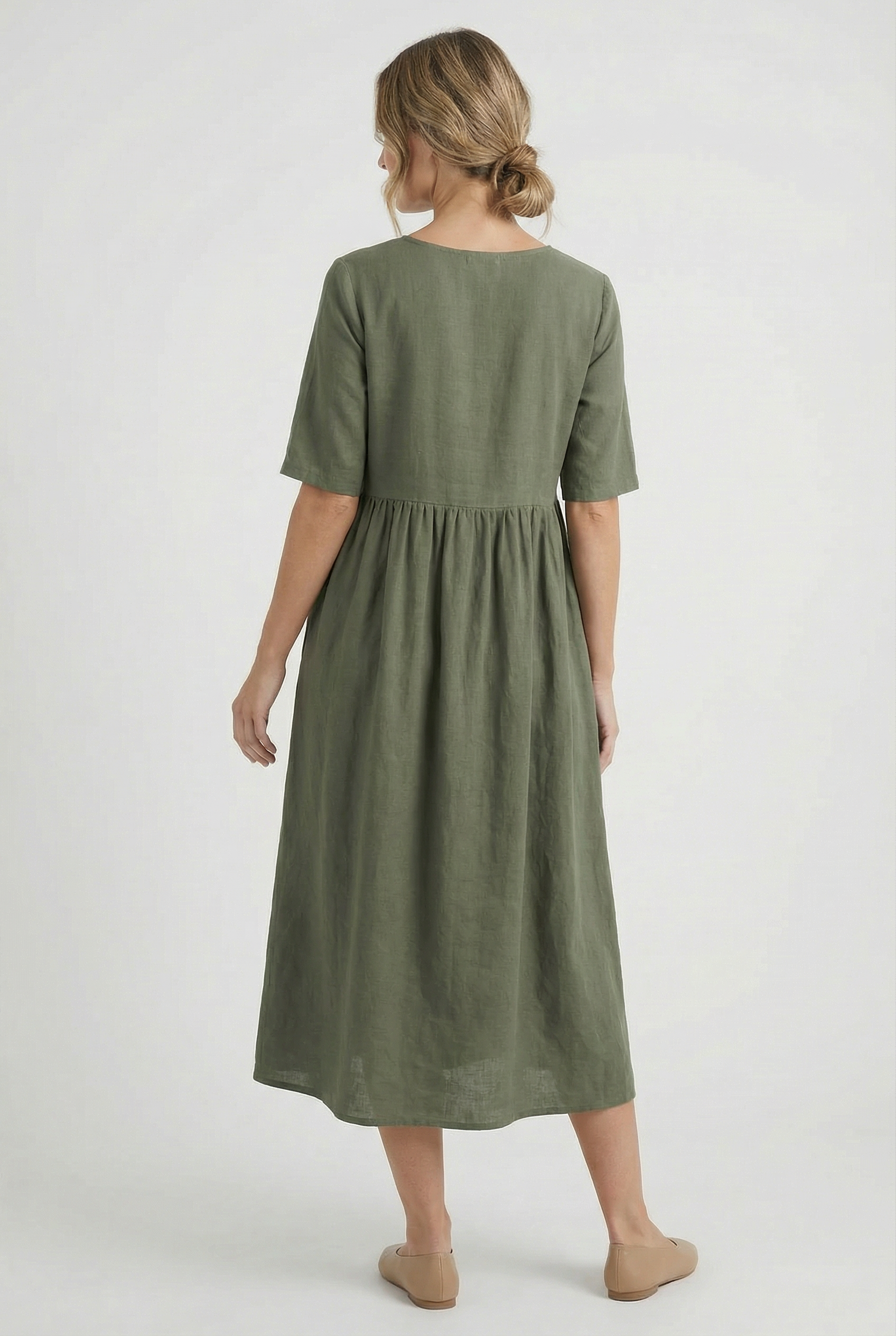 Mujer Vestido Casual Algodón Lino con Bolsillos y Manga Corta 2