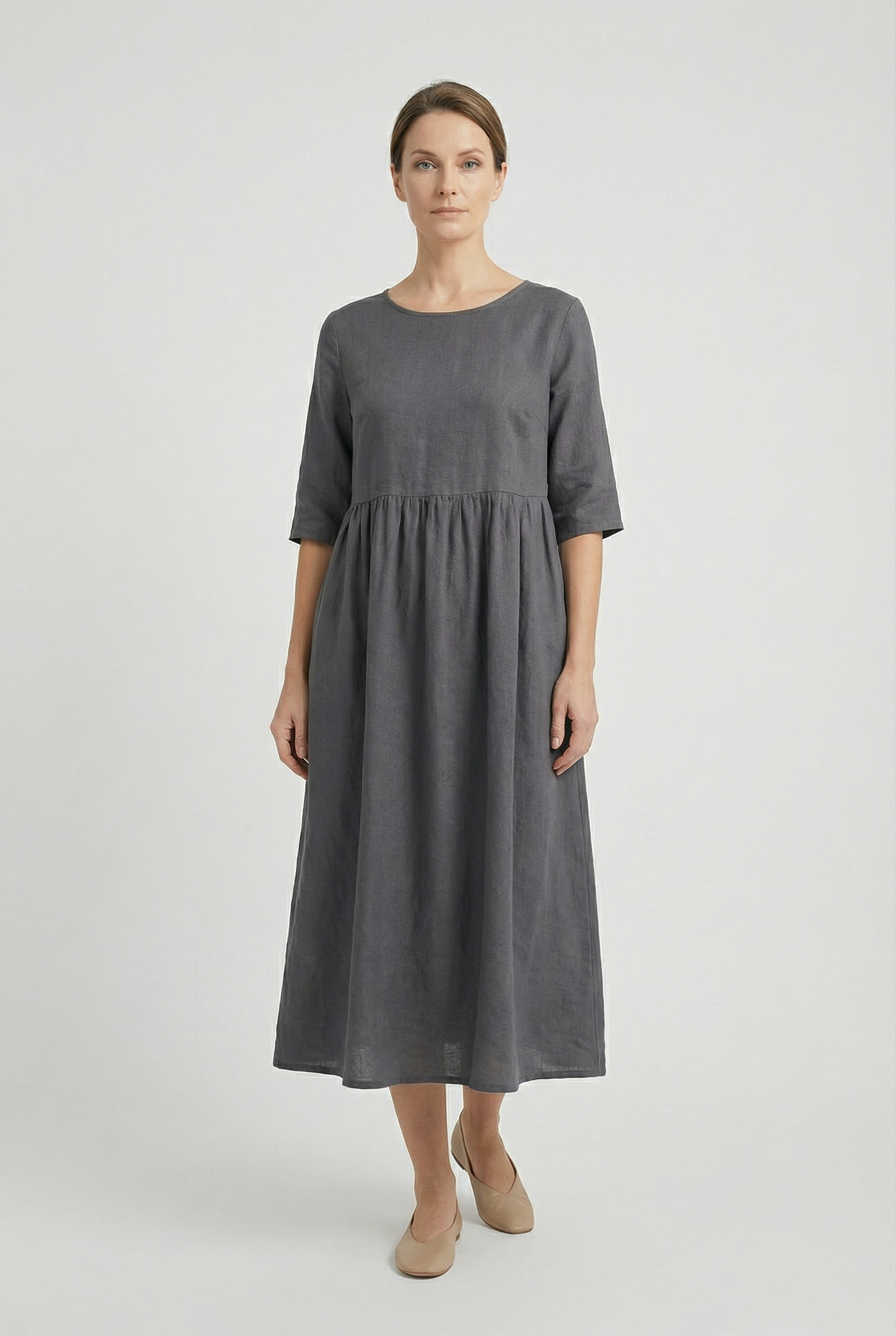 Mujer Vestido Casual Algodón Lino con Bolsillos y Manga Corta 4