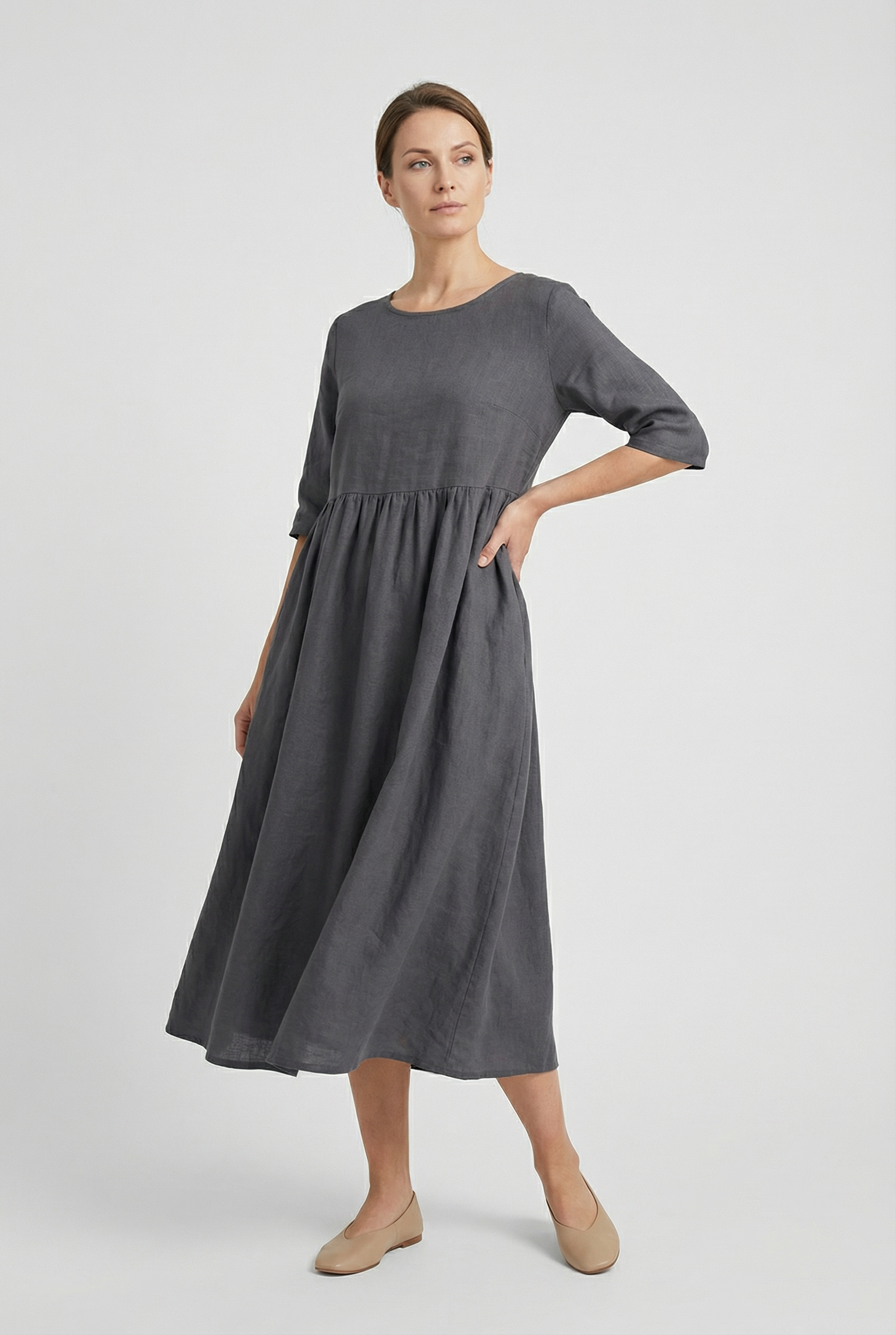 Mujer Vestido Casual Algodón Lino con Bolsillos y Manga Corta 5