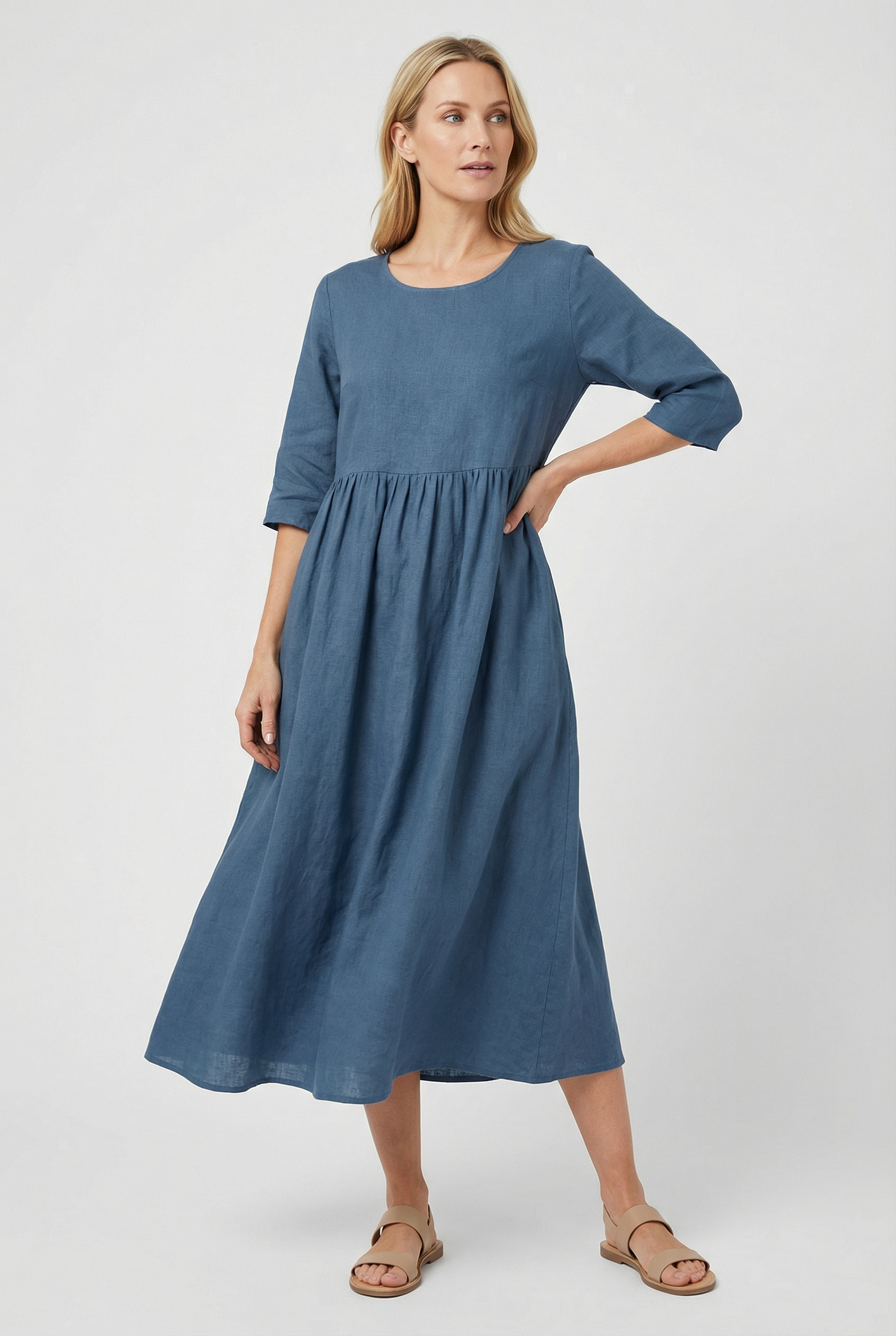 Mujer Vestido Casual Algodón Lino con Bolsillos y Manga Corta 7