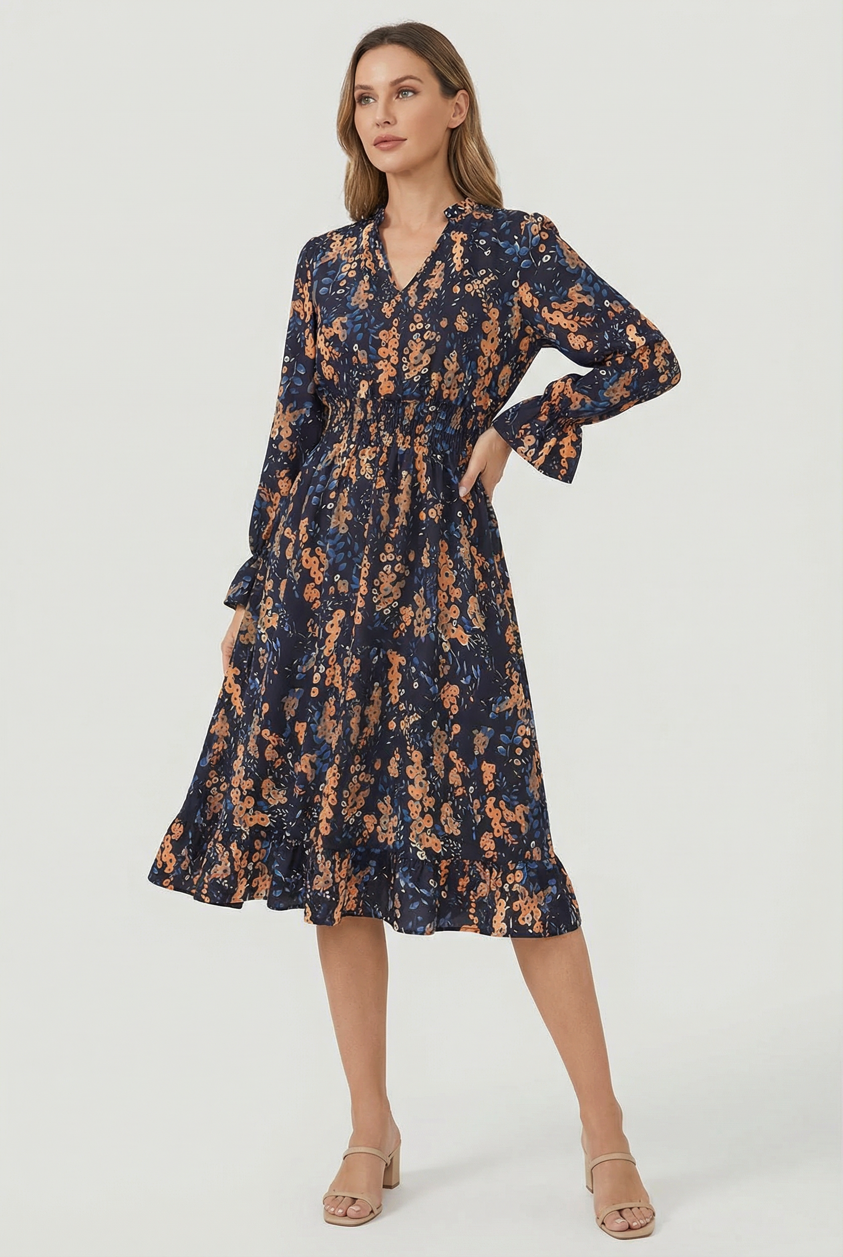Mujer Vestido Floral Cuello en V Manga Larga Corte A 2