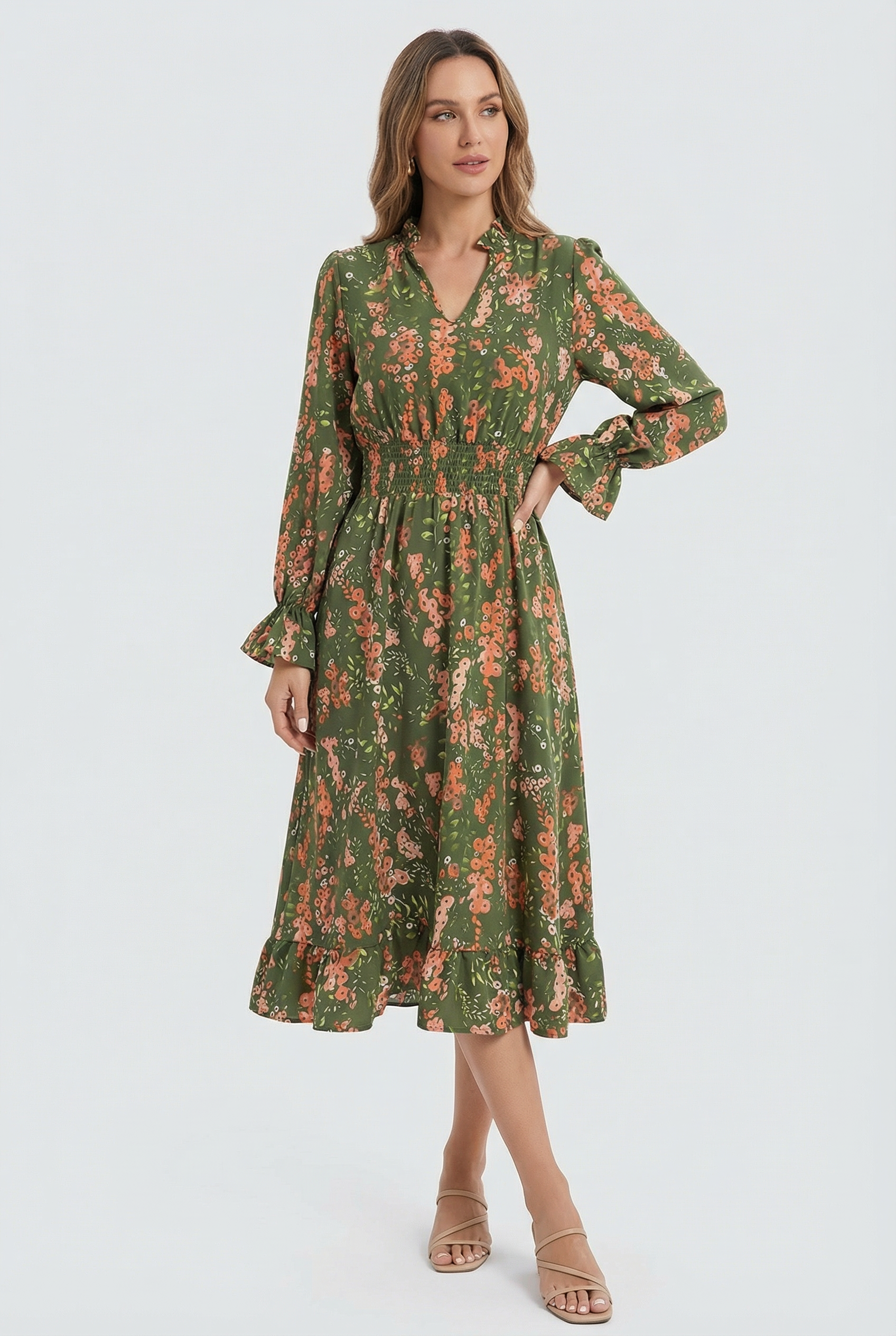 Mujer Vestido Floral Cuello en V Manga Larga Corte A 6