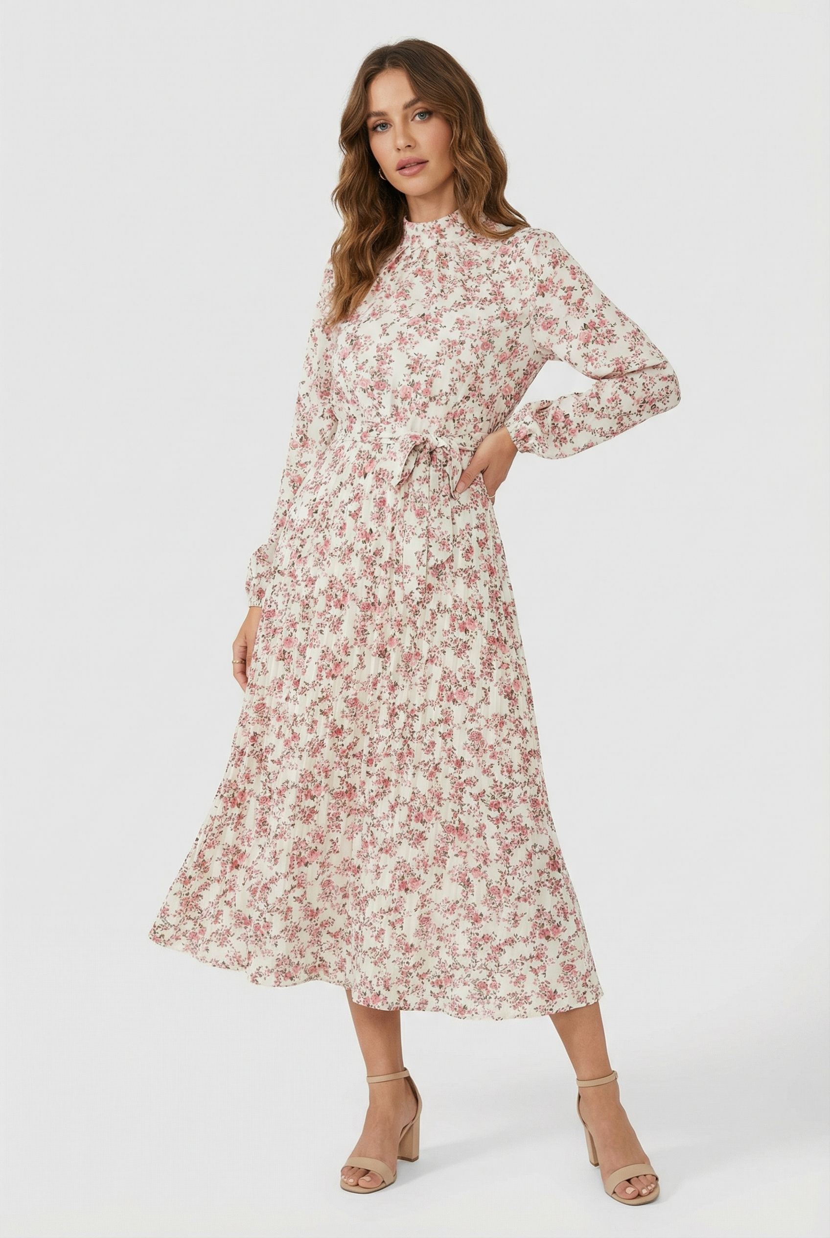 Mujer Vestido Largo Floral Tejido Ligero Manga Larga Plisado 1