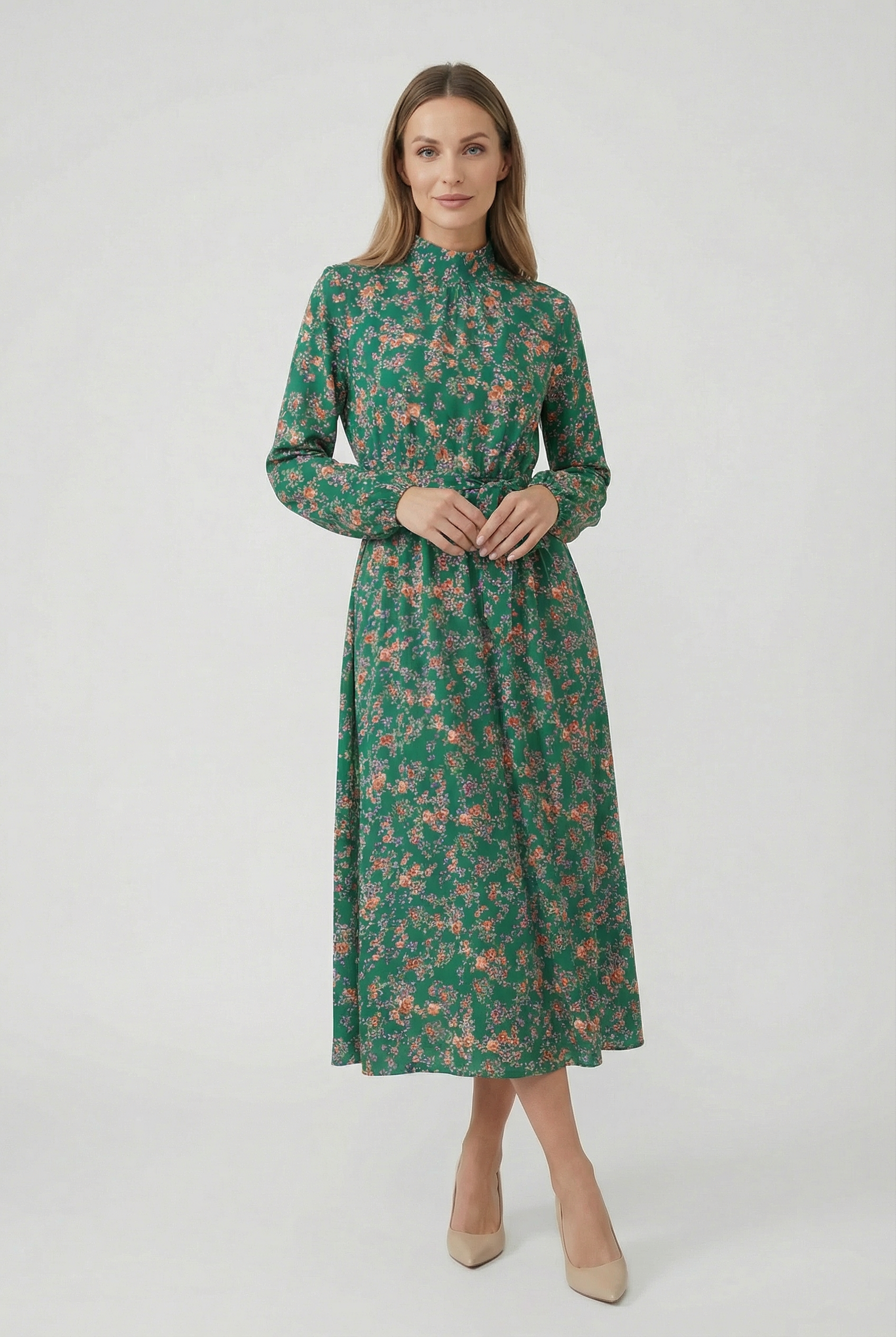 Mujer Vestido Largo Floral Tejido Ligero Manga Larga Plisado 3