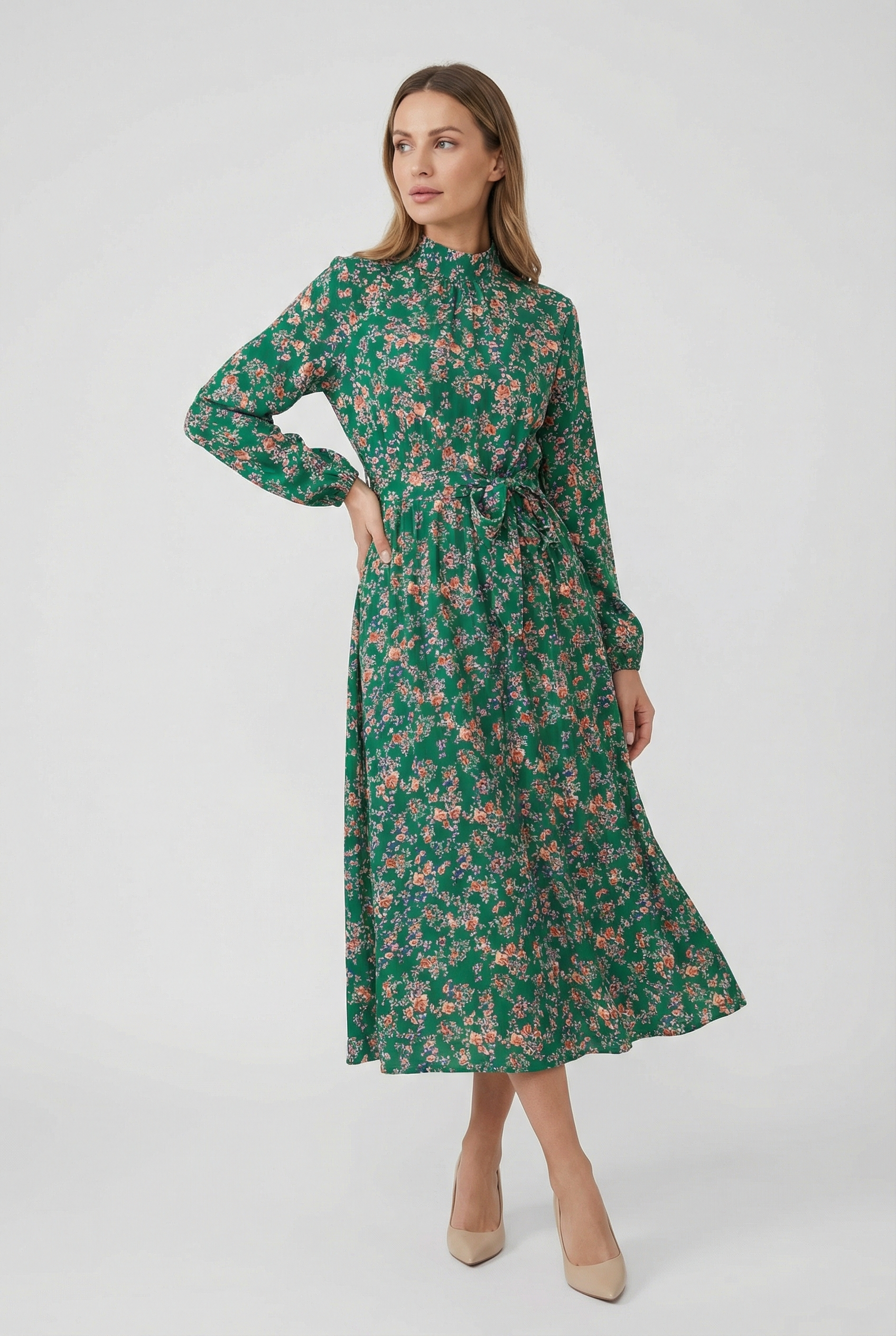 Mujer Vestido Largo Floral Tejido Ligero Manga Larga Plisado 4