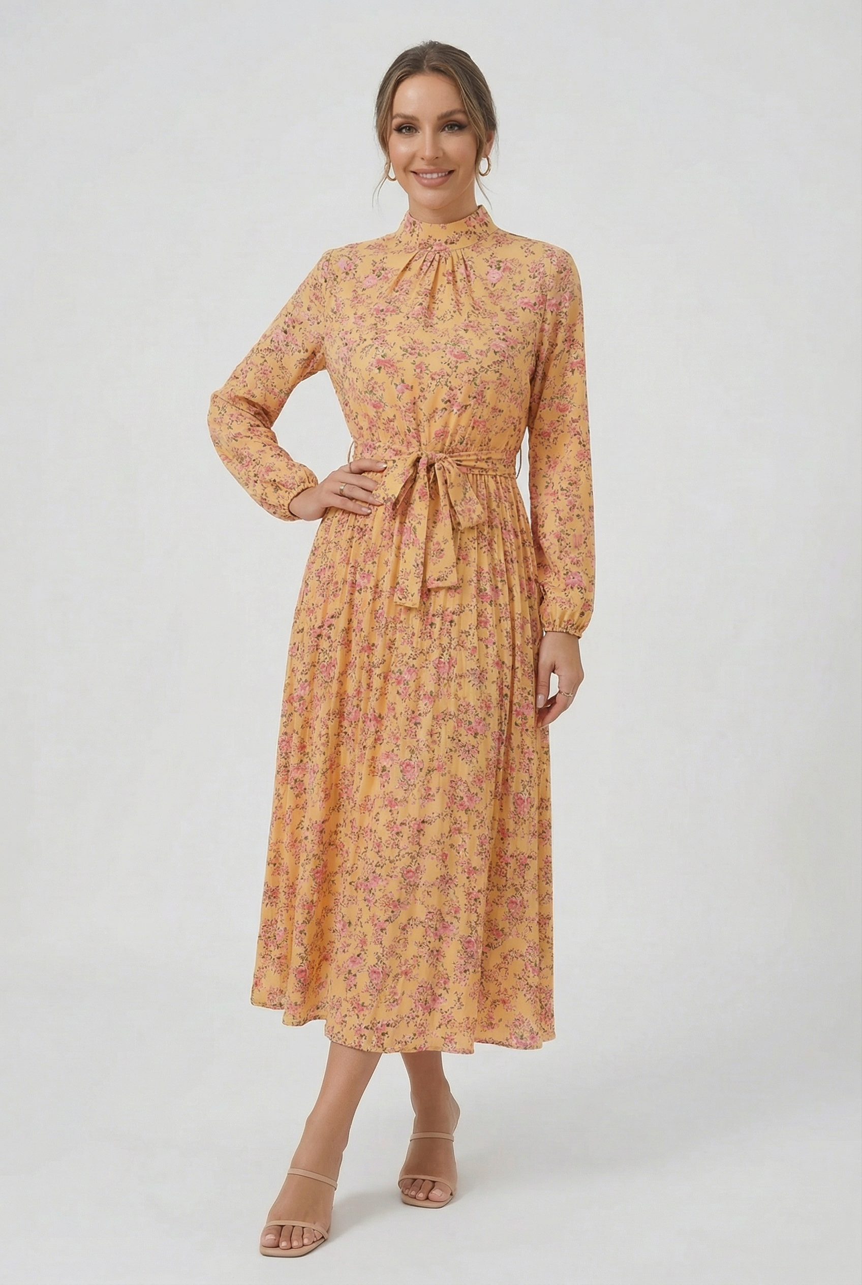 Mujer Vestido Largo Floral Tejido Ligero Manga Larga Plisado 5