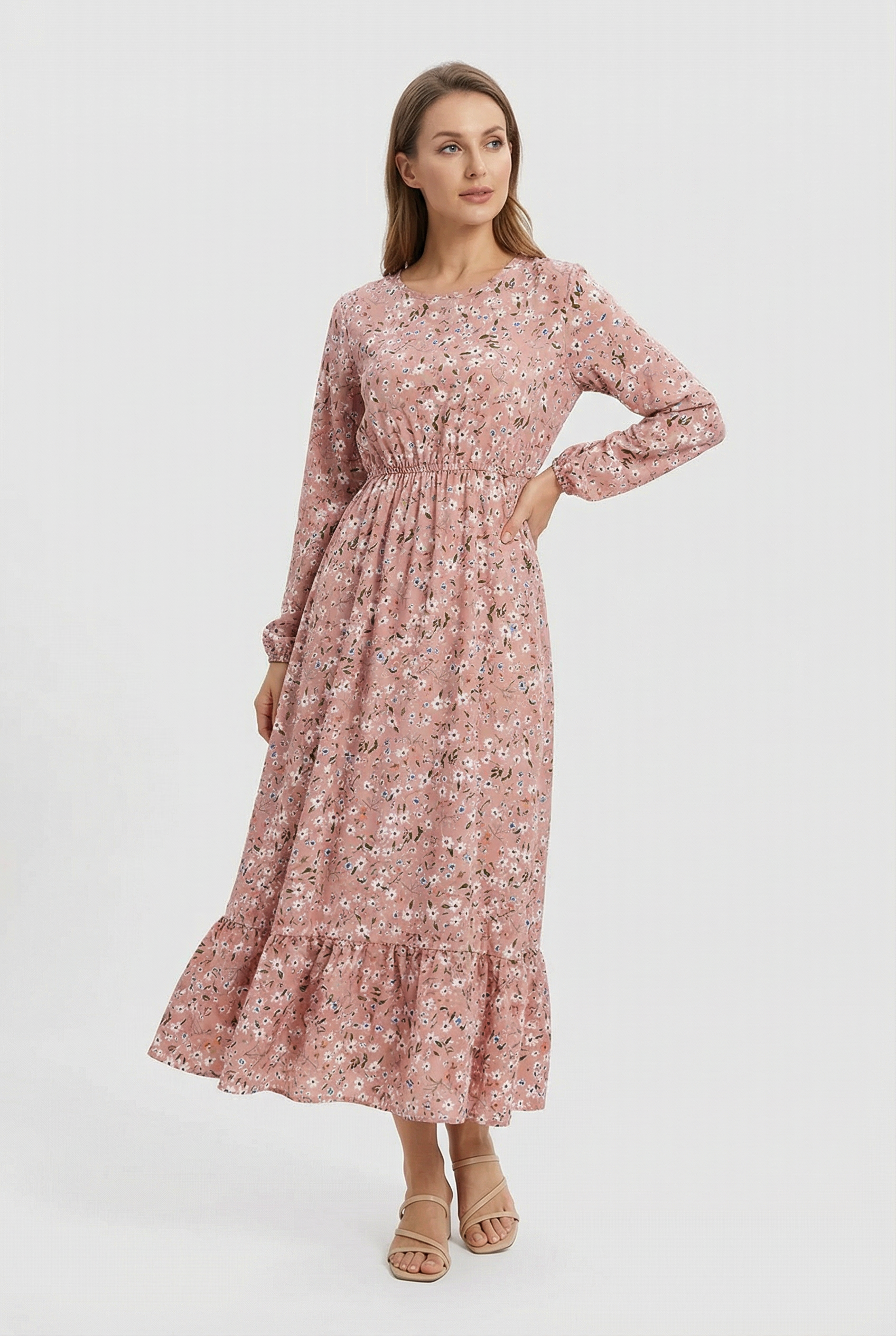 Mujer Vestido Largo Gasa Floral Manga Larga Casual Playa 1