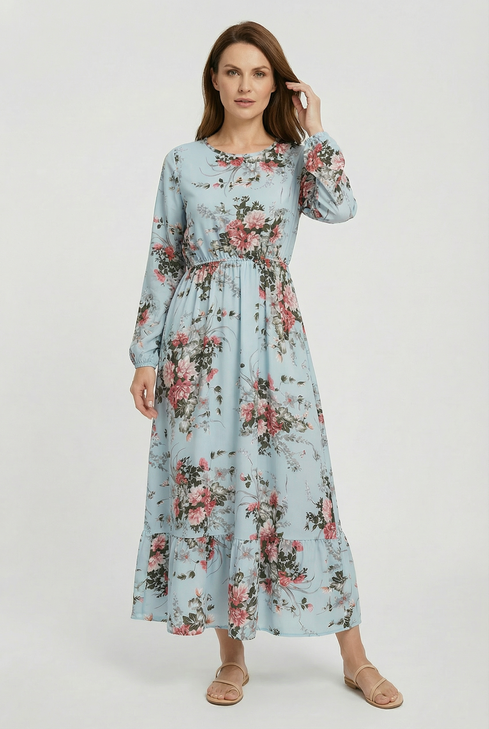 Mujer Vestido Largo Gasa Floral Manga Larga Casual Playa 4