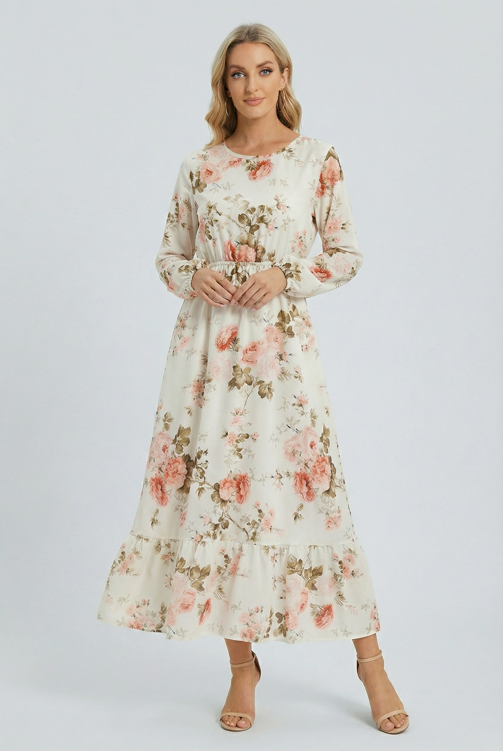 Mujer Vestido Largo Gasa Floral Manga Larga Casual Playa 6