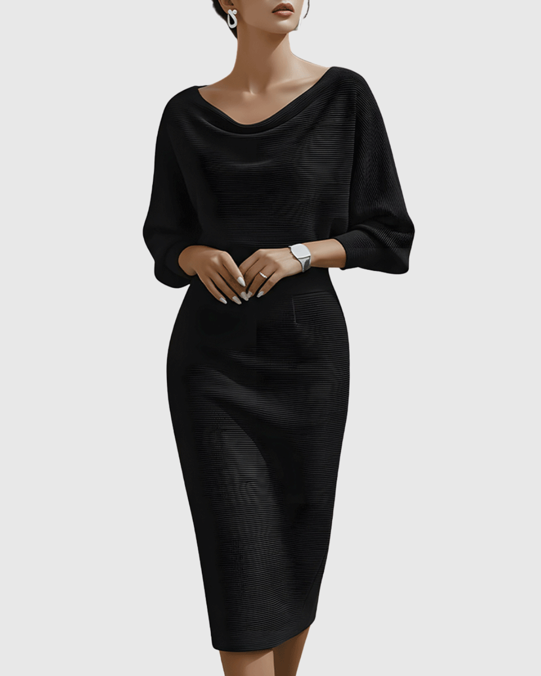 Mujer Vestido Midi Suave Drapeado con Manga Murciélago para Invitada Elegante 0