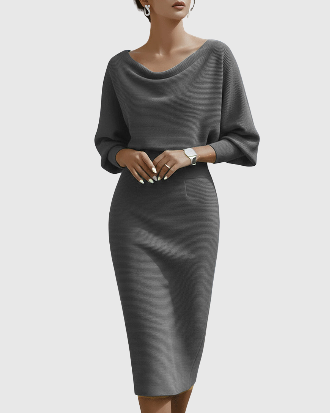 Mujer Vestido Midi Suave Drapeado con Manga Murciélago para Invitada Elegante 4