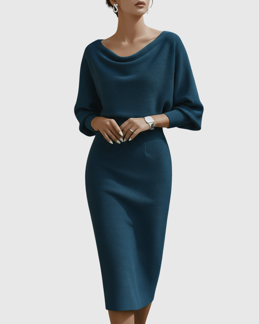 Mujer Vestido Midi Suave Drapeado con Manga Murciélago para Invitada Elegante 5