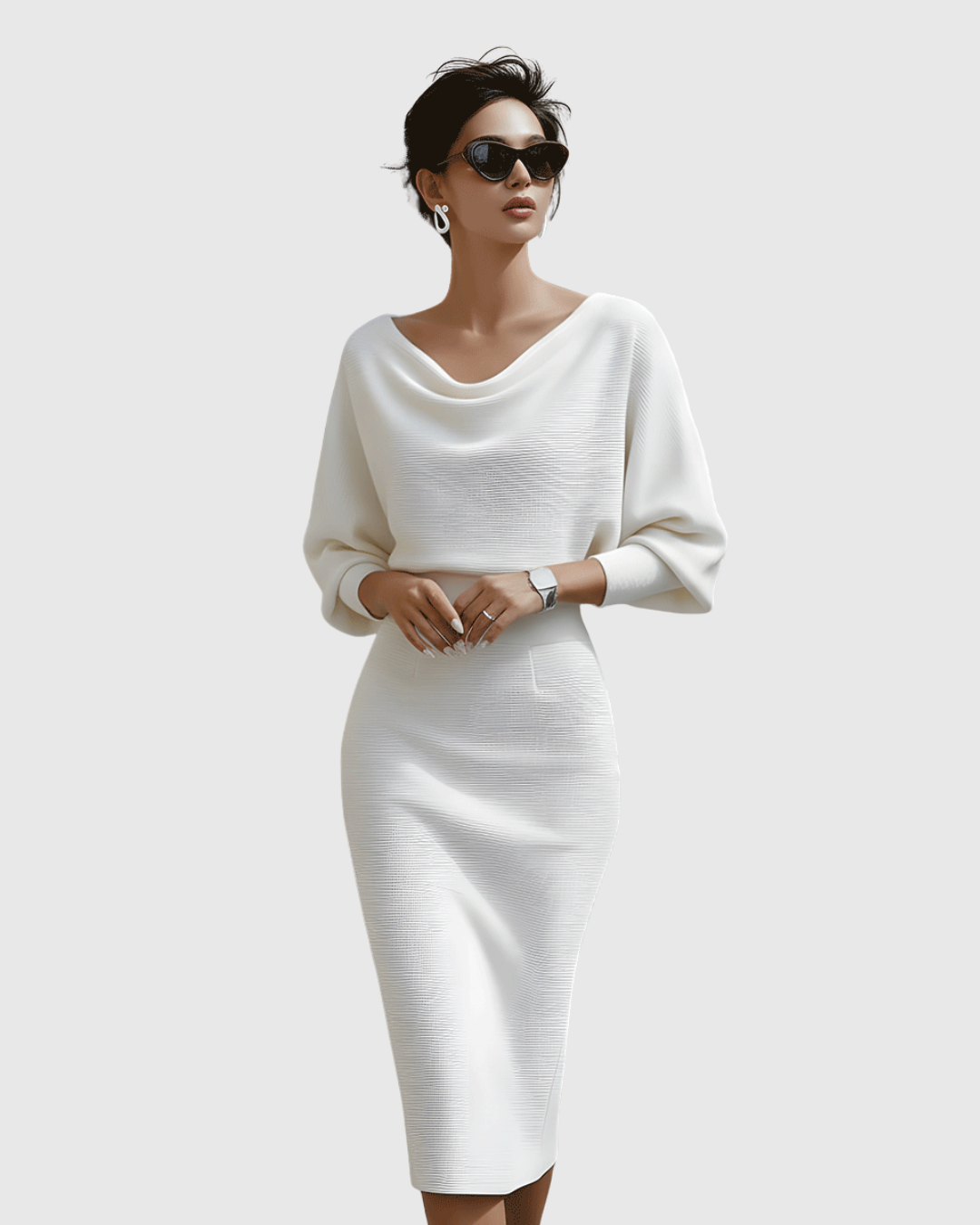 Mujer Vestido Midi Suave Drapeado con Manga Murciélago para Invitada Elegante 7