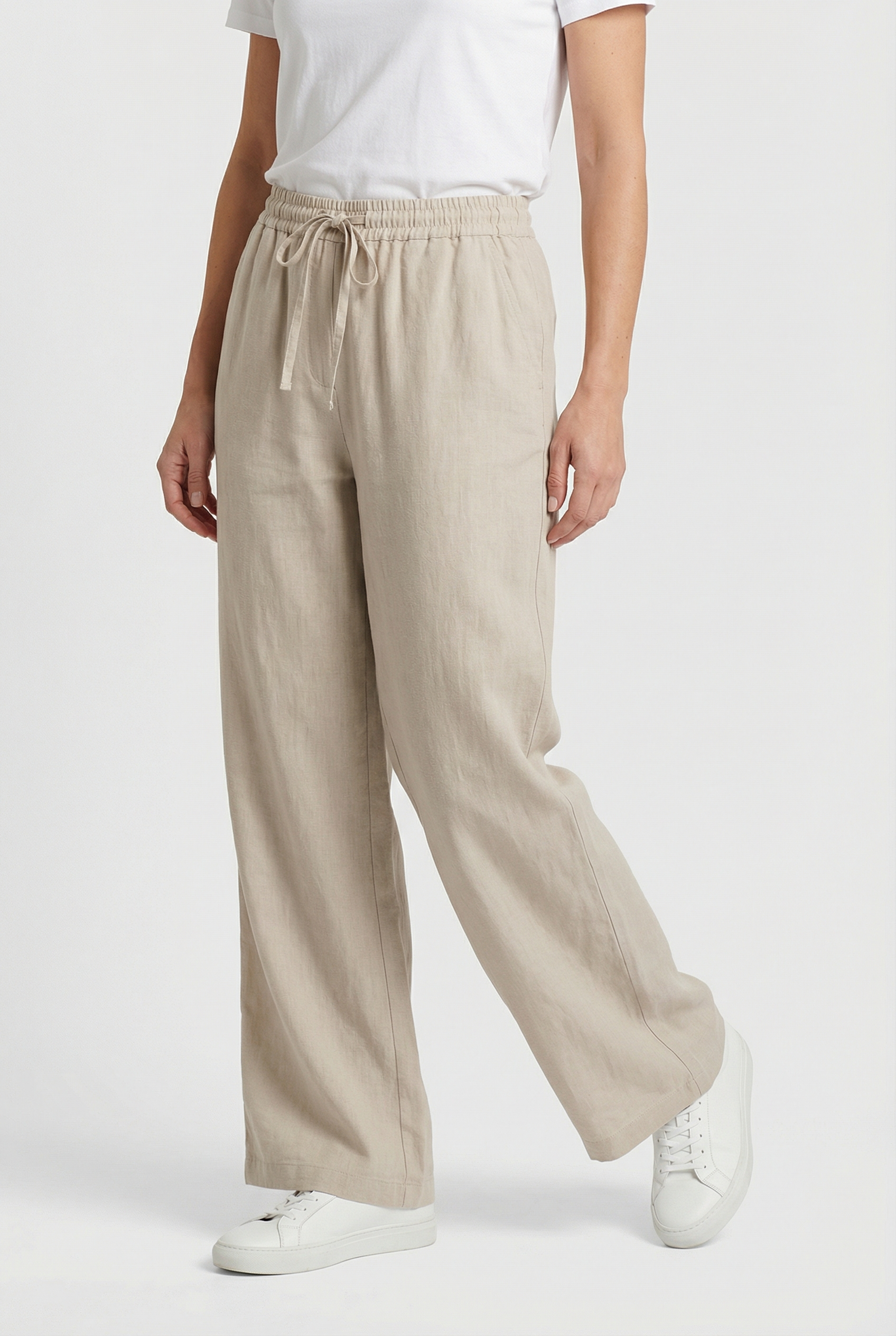 Pantalón Mujer Alta Cintura Mezcla Algodón Lino Pierna Ancha Casual 4