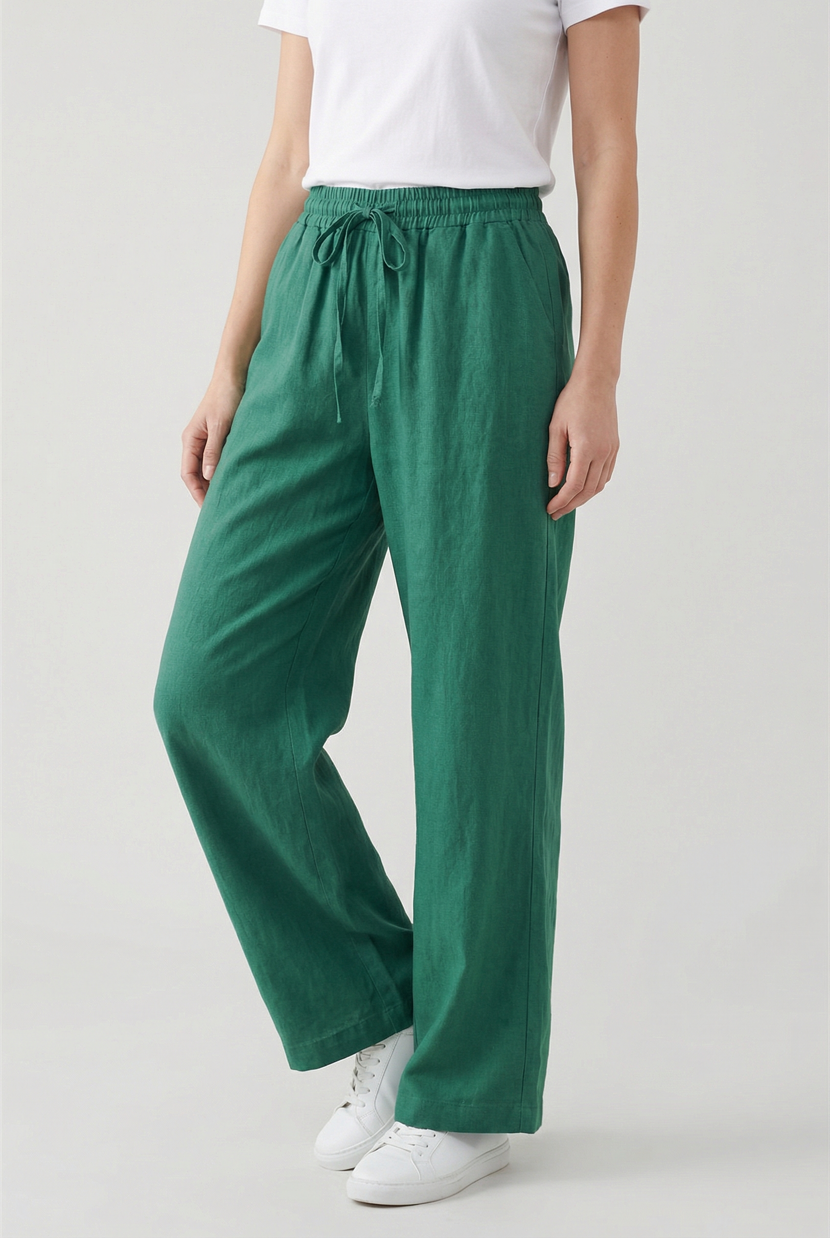 Pantalón Mujer Alta Cintura Mezcla Algodón Lino Pierna Ancha Casual 5
