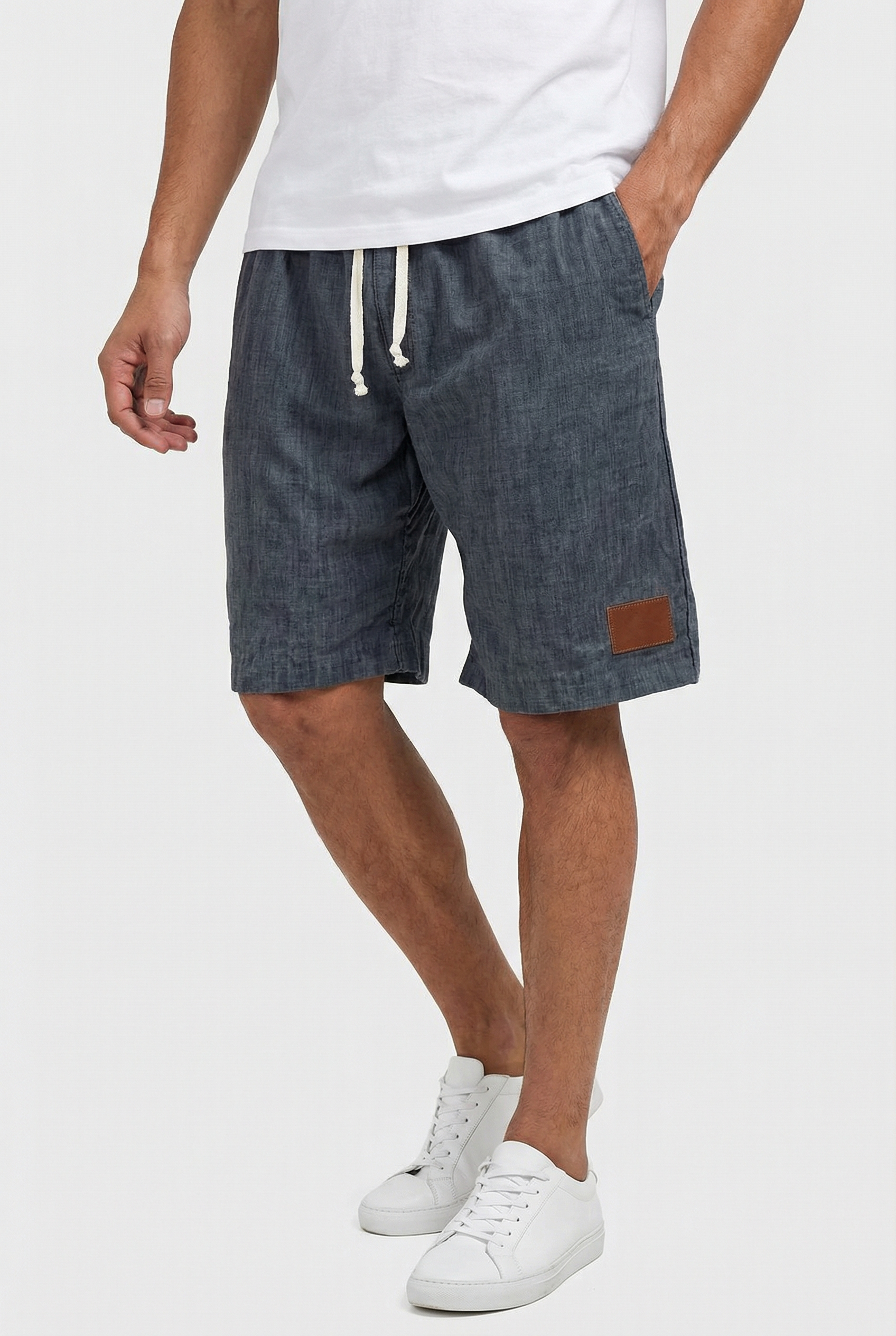 Pantalones Cortos Hombre Lino Ligero Cintura Elástica Diseño Sólido 6