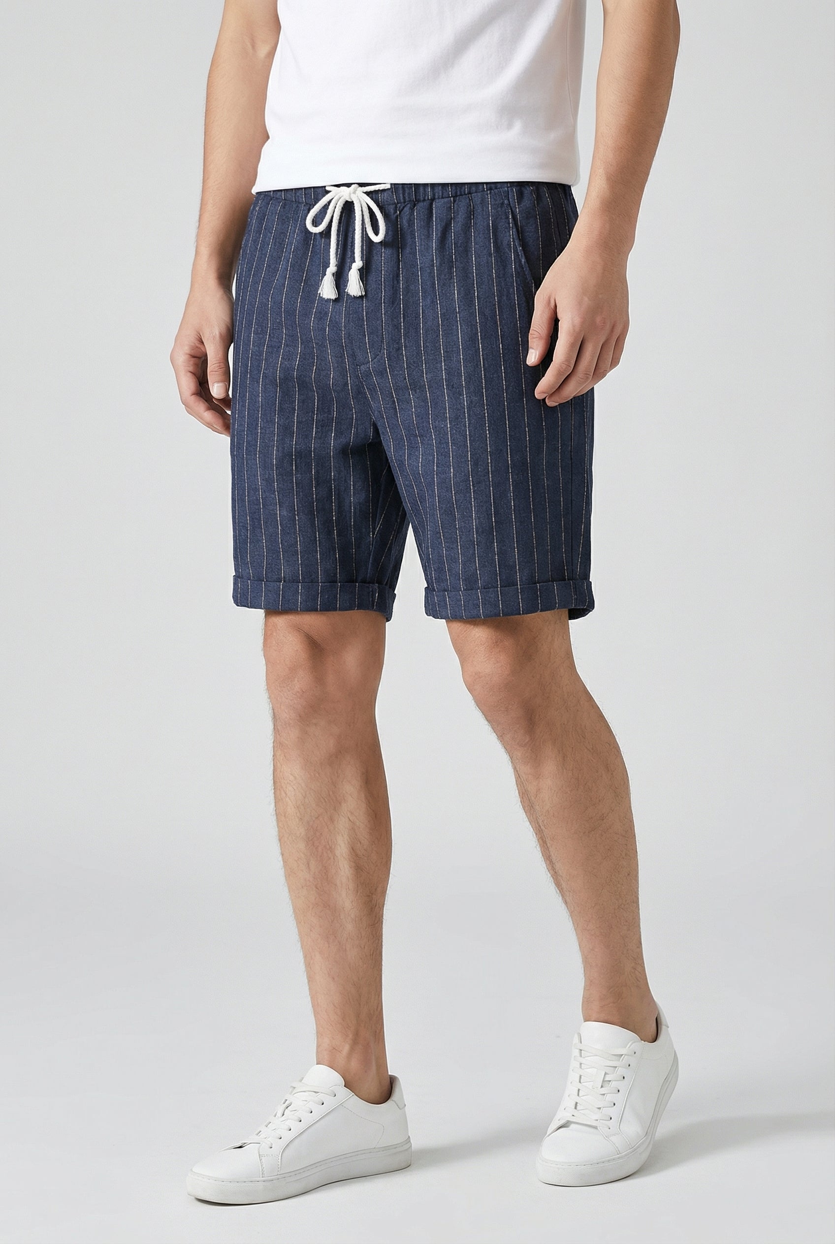 Pantalones Cortos Hombre Mezcla Lino Algodón Cintura Elástica Rayas 0