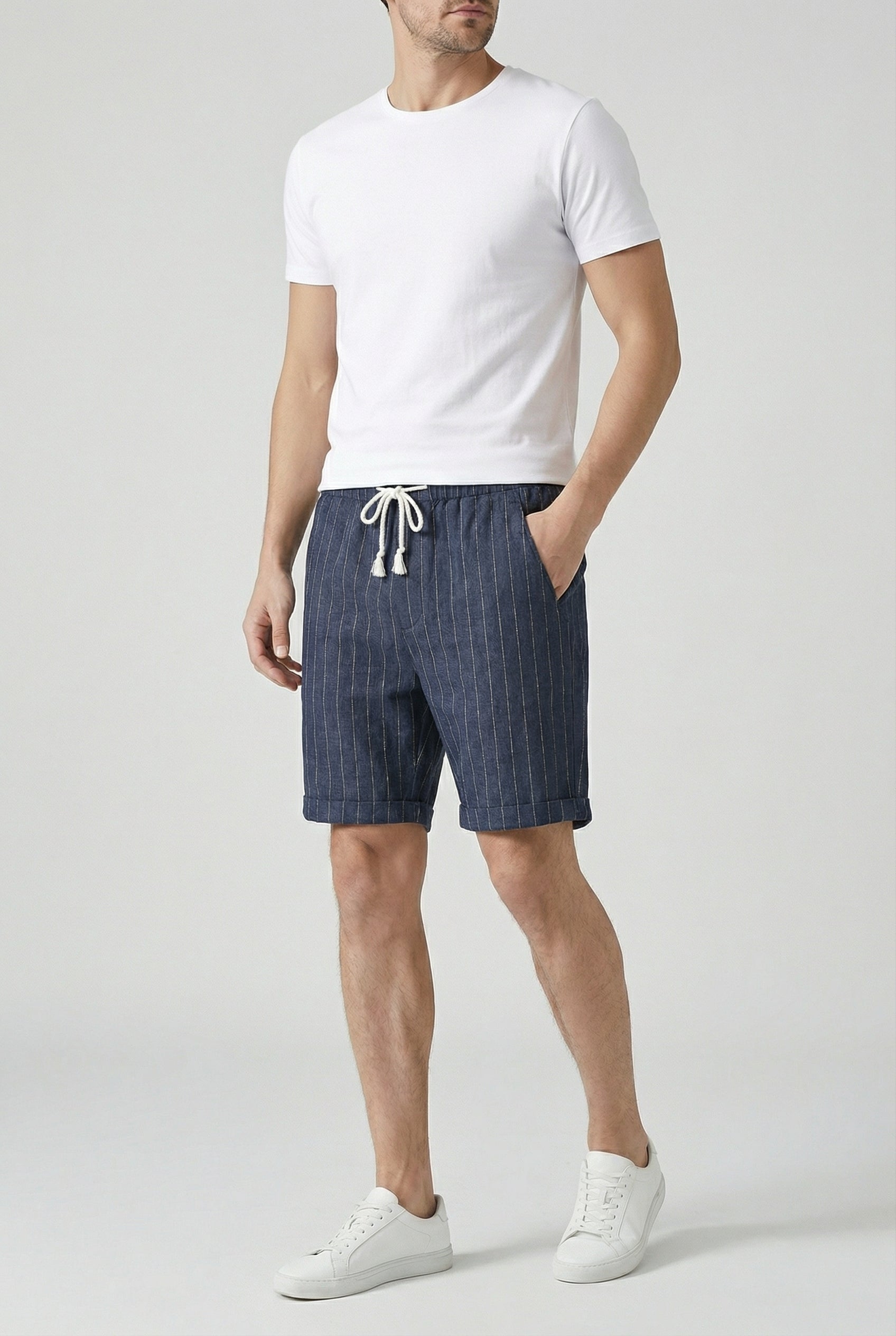Pantalones Cortos Hombre Mezcla Lino Algodón Cintura Elástica Rayas 1