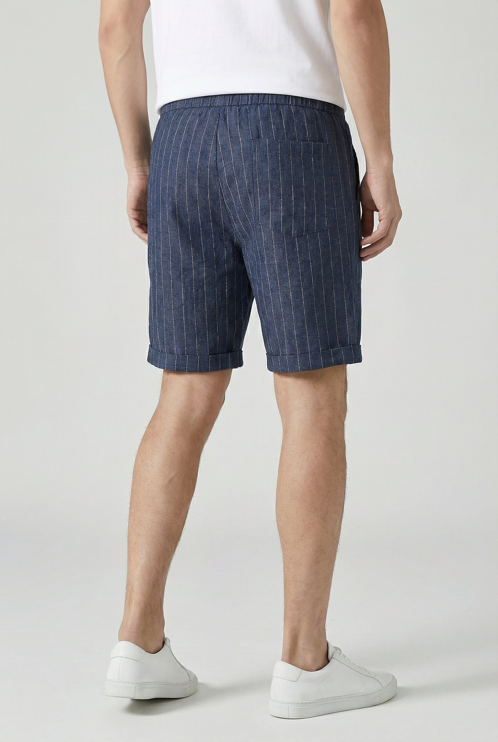 Pantalones Cortos Hombre Mezcla Lino Algodón Cintura Elástica Rayas 3