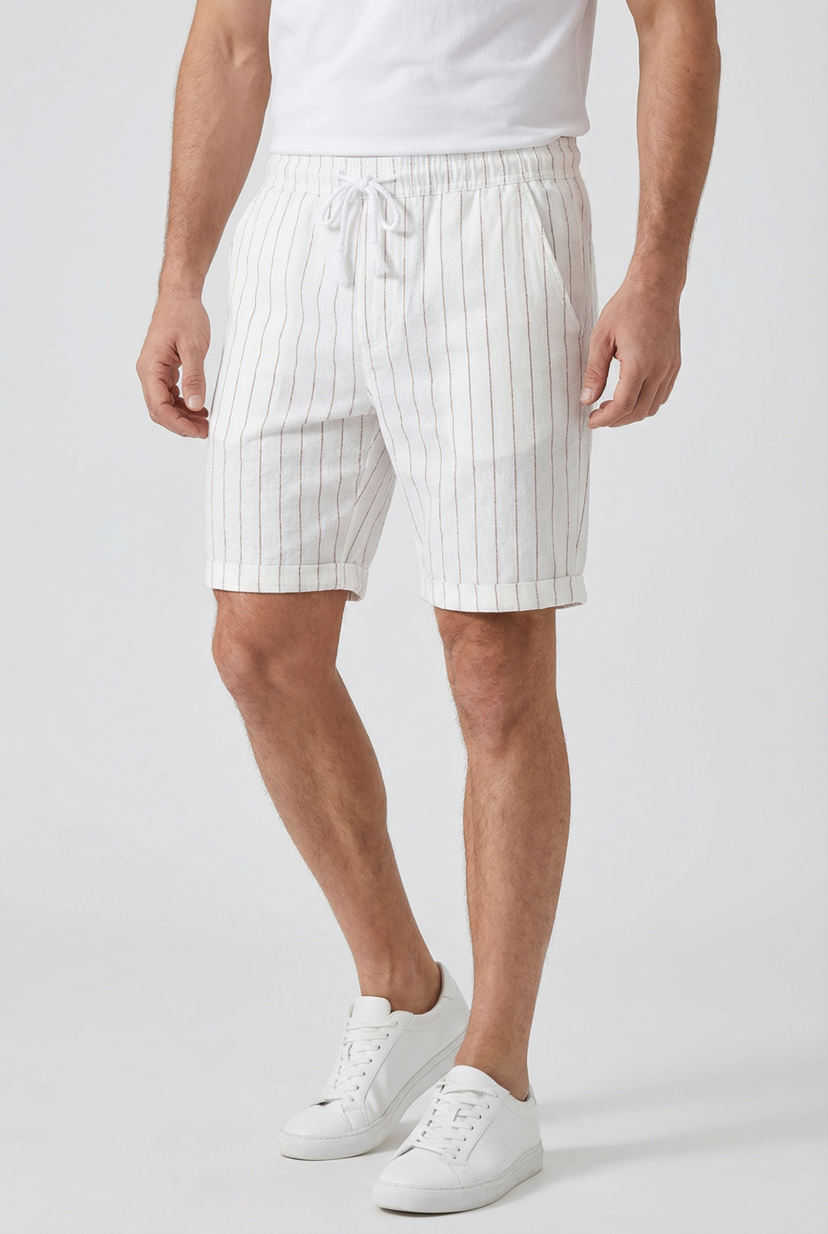Pantalones Cortos Hombre Mezcla Lino Algodón Cintura Elástica Rayas 4