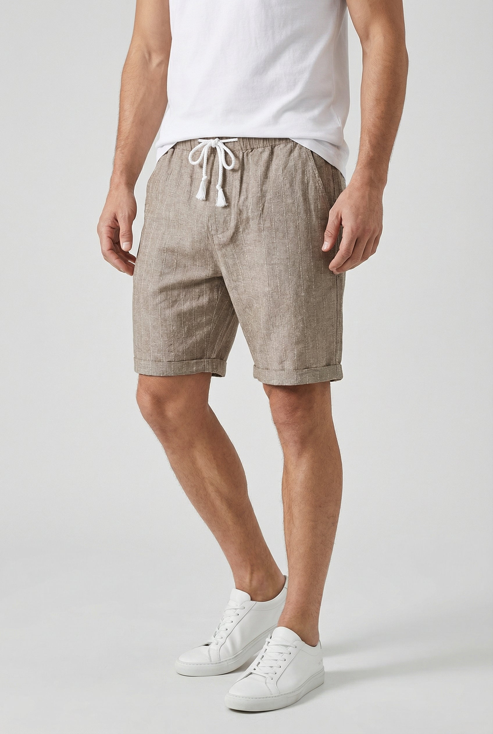 Pantalones Cortos Hombre Mezcla Lino Algodón Cintura Elástica Rayas 5