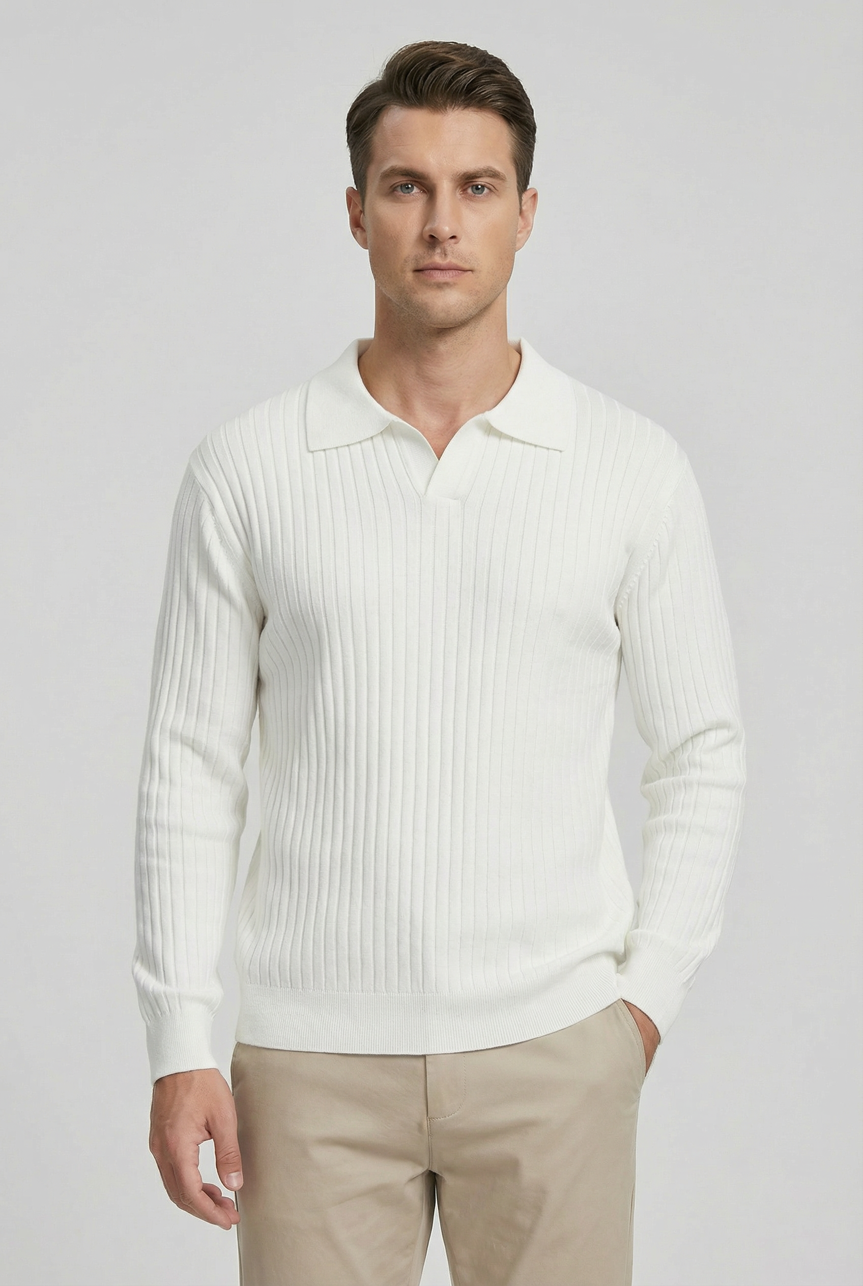 Polo Hombre Manga Larga Algodón Mezcla Cuello en V Ajuste Entallado Casual Elegante 0